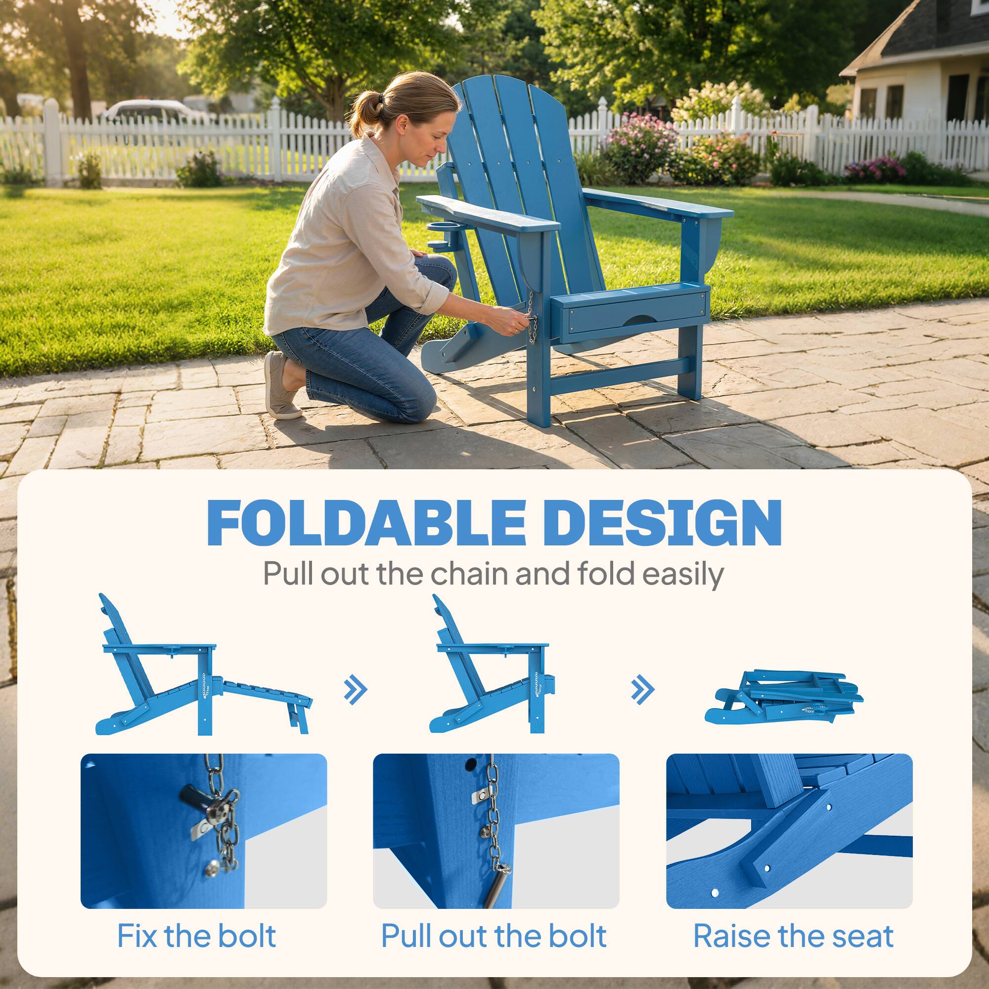 FOLDABLE DESIGN  
Pull out the chain and fold easily

- Fix the bolt
- Pull out the bolt
- Raise the seat