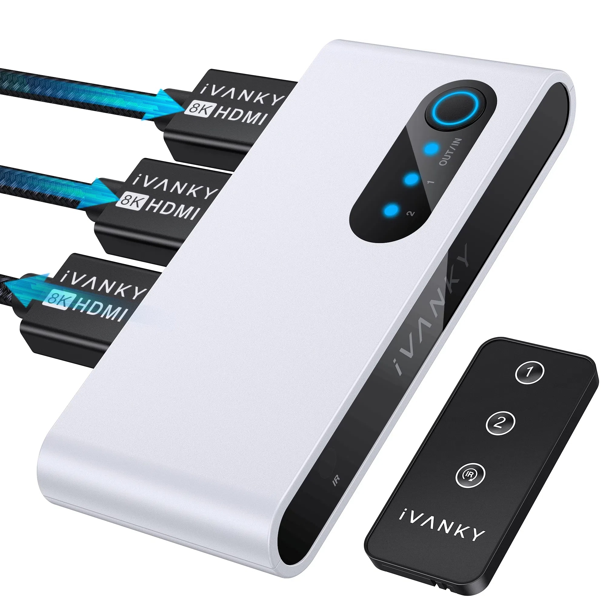 8K HDMI Switch iVANKY Bi-Directional 2 in 1 Out HDMI Switch with Remote - White