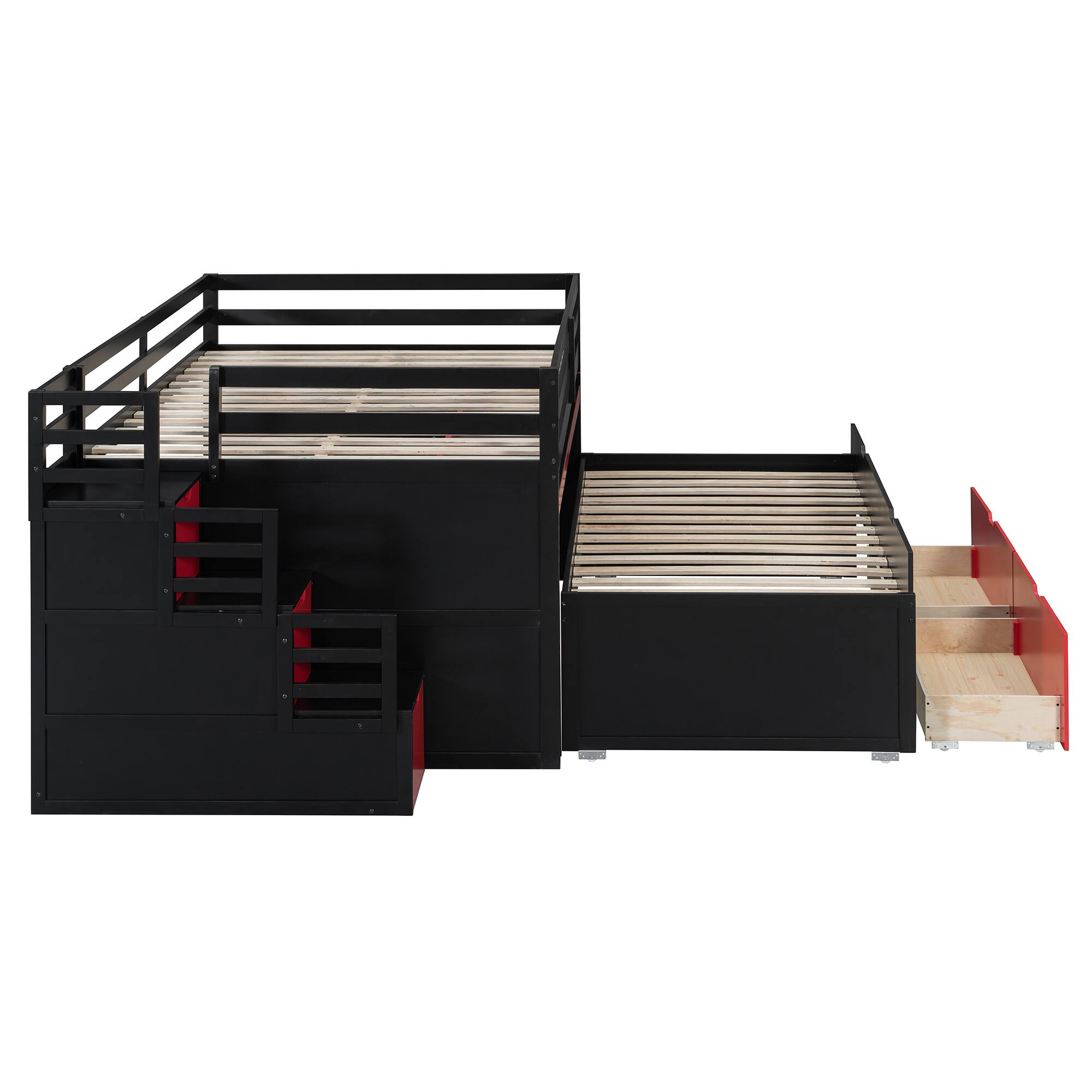 Alt View 1. Whisen - Gaming Loft Bed with Pull-Out Desk,Trundle and Storage Stairs,Multi-Functional Workstation Bed Frame - Black+Red.