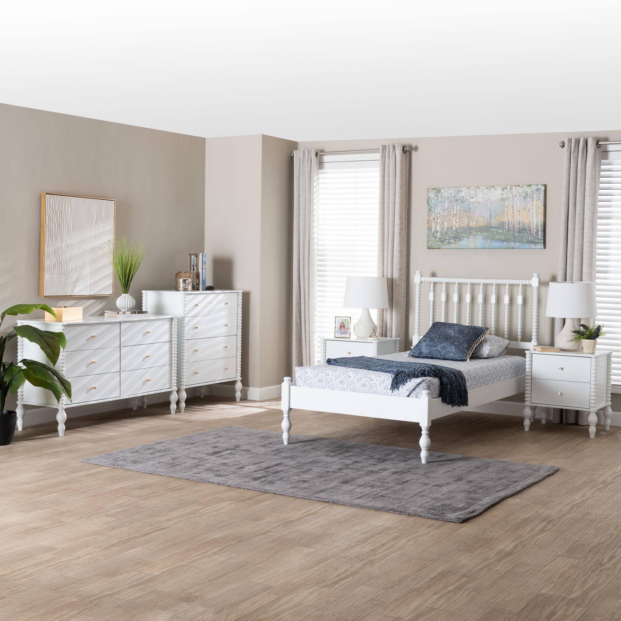 Alt View 8. Baxton Studio - Callison Spindle 5-Piece Bedroom Set - Platform Bed with Matching Dresser, Chest, and 2-Drawer Nightstands, Twin - White.