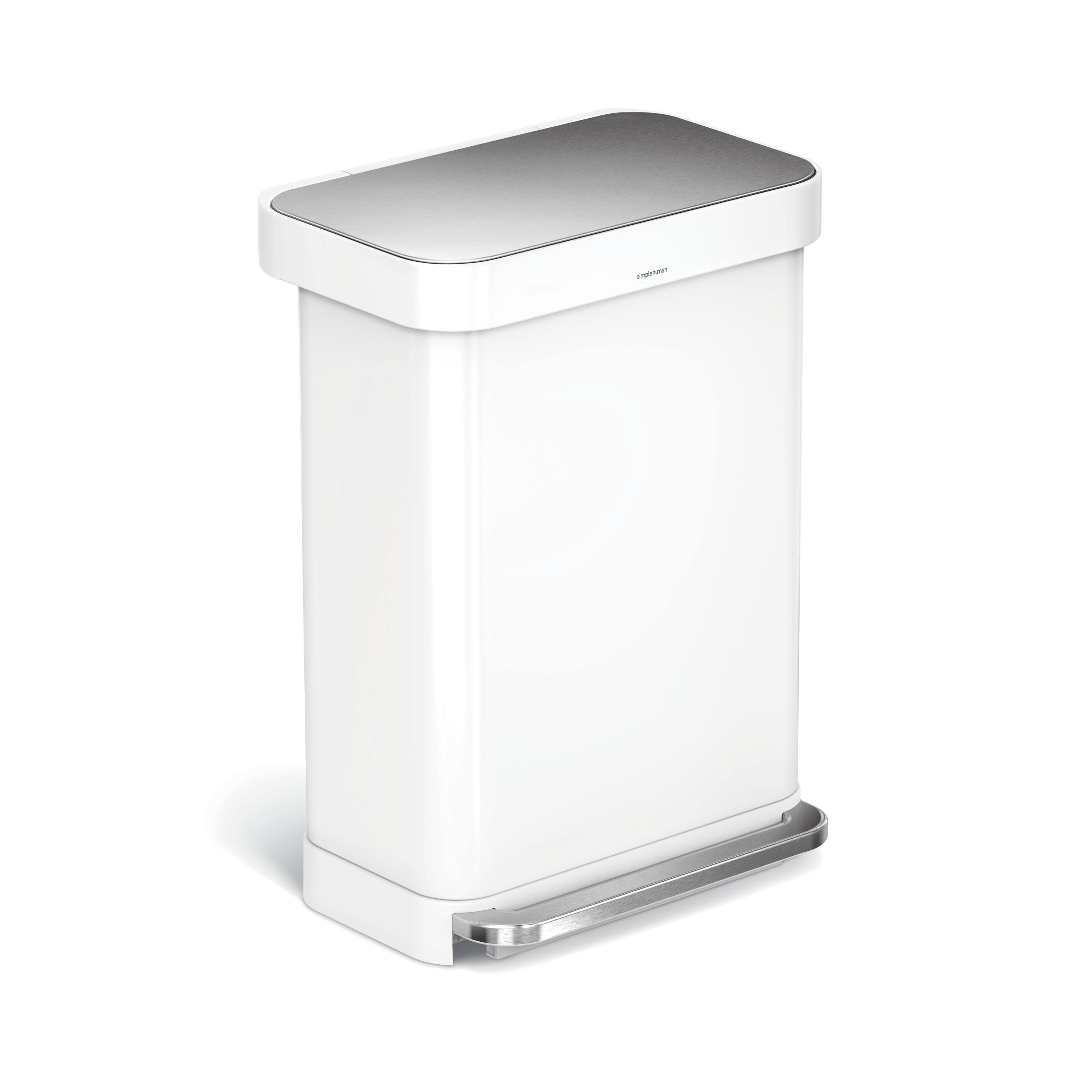 Front. simplehuman - 55L rectangular step can with liner pocket, white steel - White.