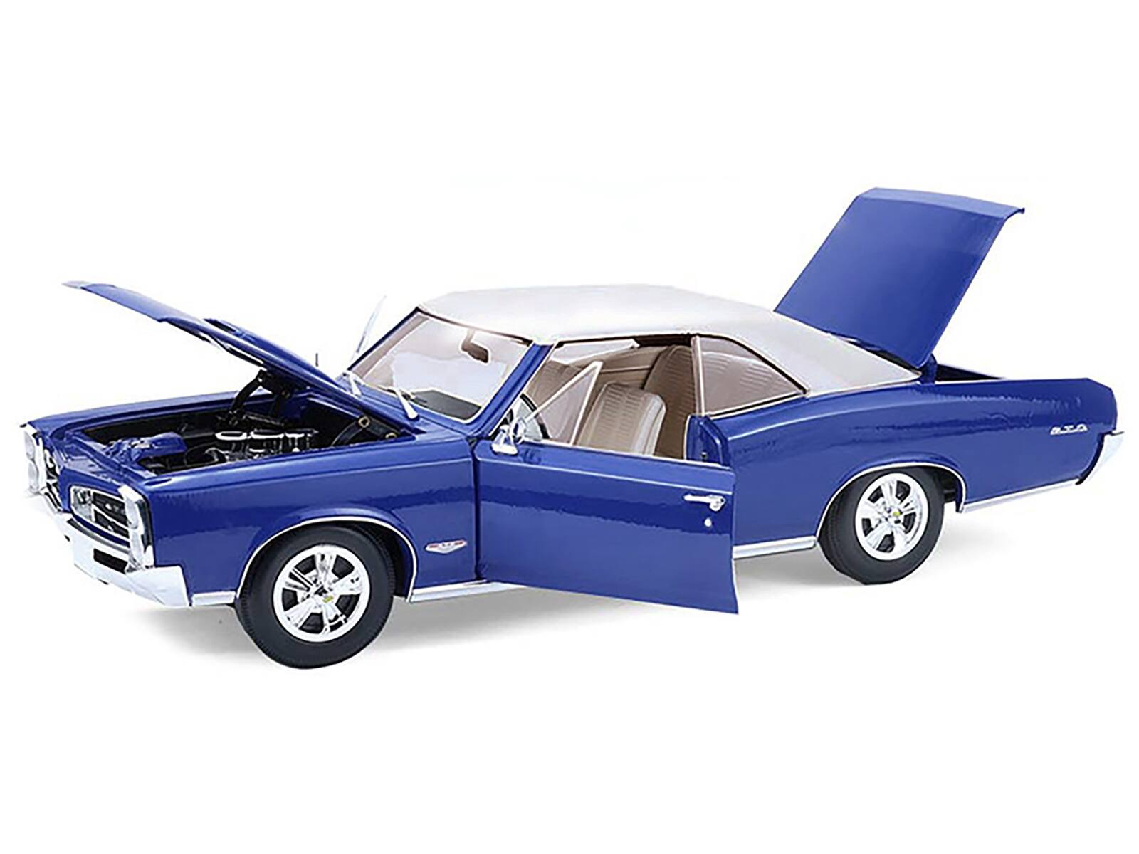 Left. Highway 61 - 1966 Pontiac GTO Barrier Blue with White Top and Interior 1/18 Diecast Model Car by Highway 61 - Blue with White.