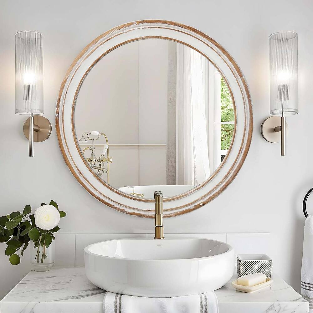 Front. Ropilly - Ropilly 35.4 Inch Round Wall Mirror Farmhouse Round Mirror with Whitewash Edge for Bathroom Vanity Entryway.