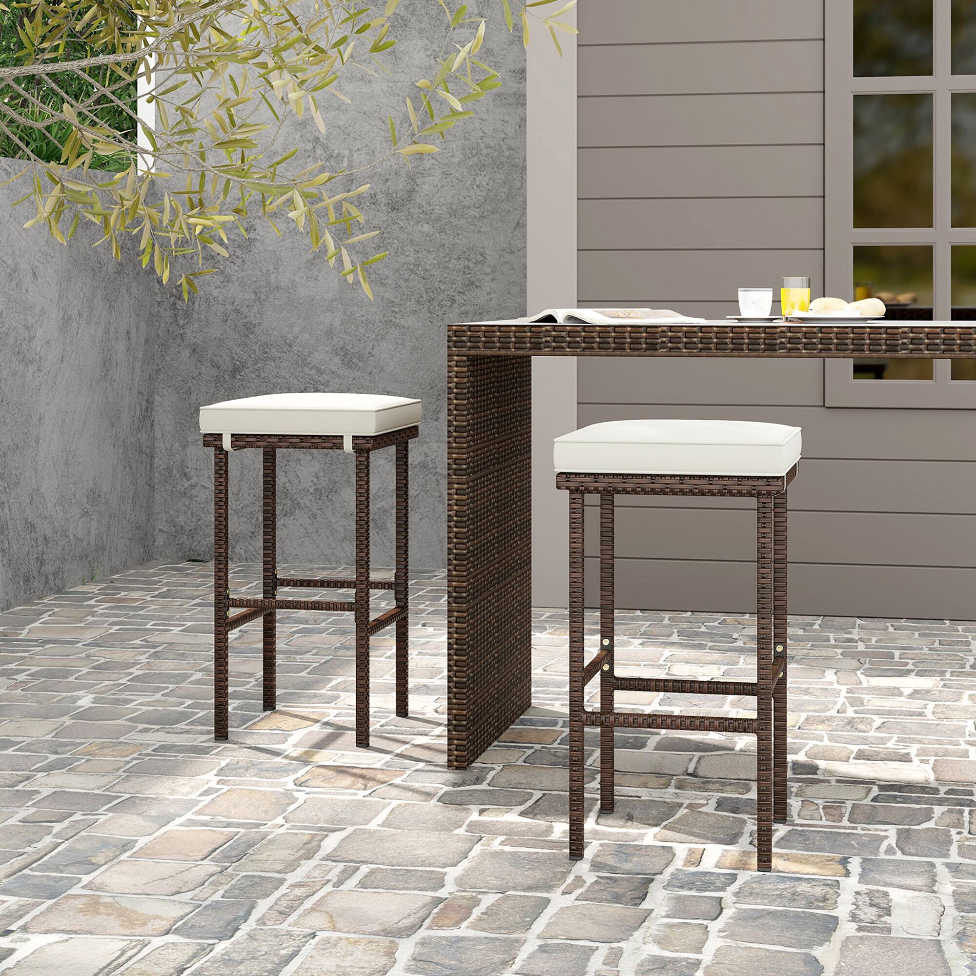 Alt View 7. Gymax - Gymax Wicker Bar Stools Set of 4 w/ Removable Seat Cushions Footrest Support 400 LBS - Mix Brown, Beige.