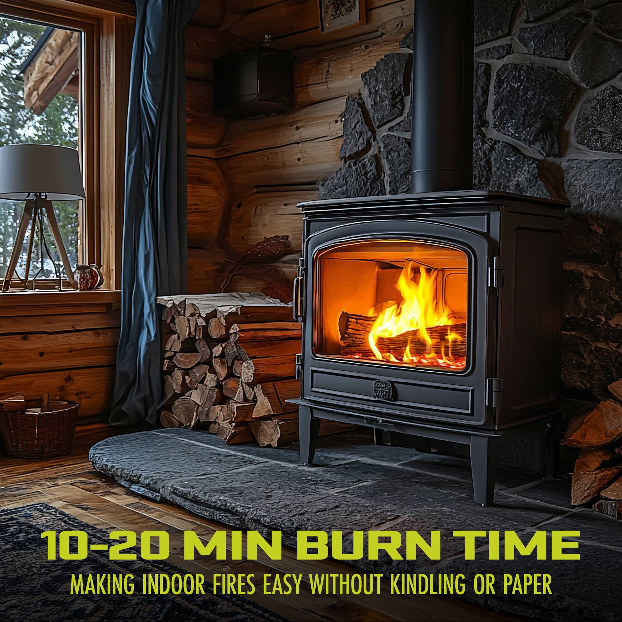 10-20 MIN BURN TIME  
MAKING INDOOR FIRES EASY WITHOUT KINDLING OR PAPER