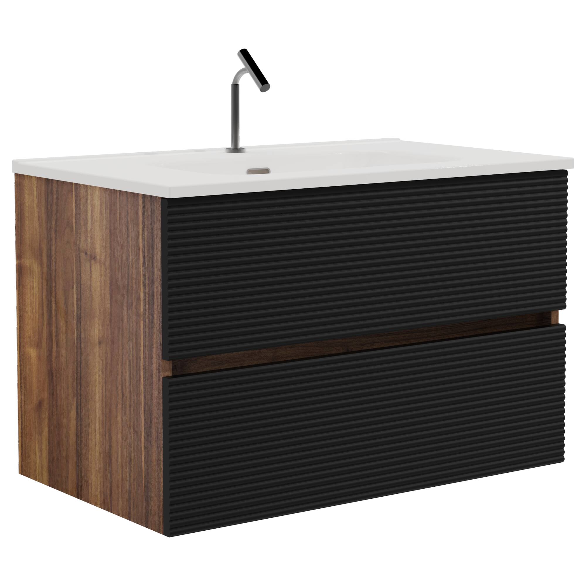 Alt View 3. Boyel Living - 30 Inch Wall Mounted Soft Black & Walnut Bathroom Vanity with Integrated Ceramic Sink / Large Storage, Pre-Assembled - Black+Brown.