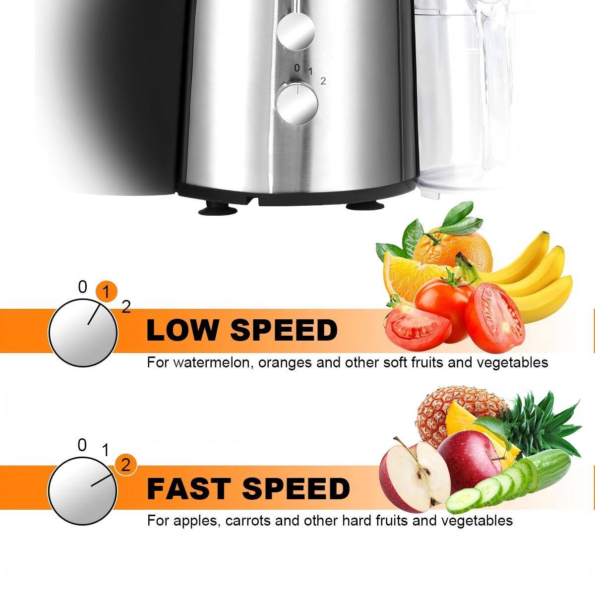 **LOW SPEED**  
For watermelon, oranges and other soft fruits and vegetables

**FAST SPEED**  
For apples, carrots and other hard fruits and vegetables