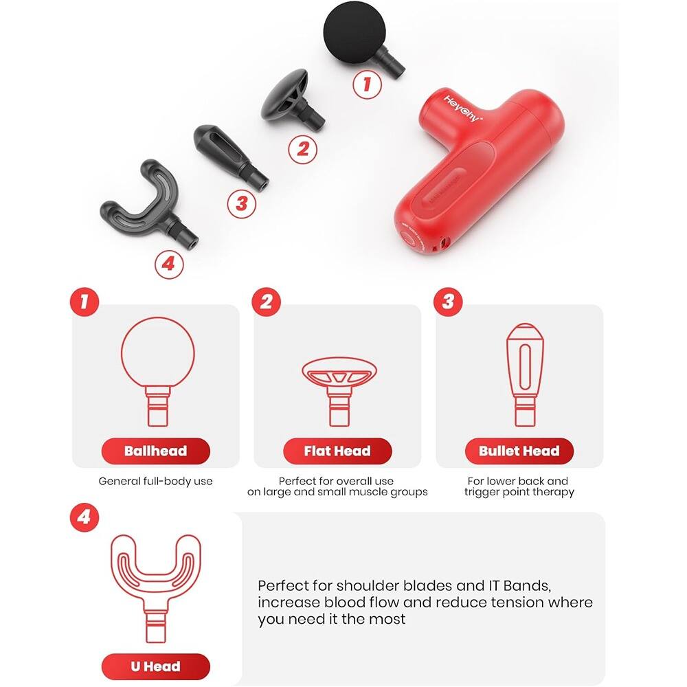 1. Ballhead  
   General full-body use  

2. Flat Head  
   Perfect for overall use on large and small muscle groups  

3. Bullet Head  
   For lower back and trigger point therapy  

4. U Head  
   Perfect for shoulder blades and IT Bands, increase blood flow and reduce tension where you need it the most