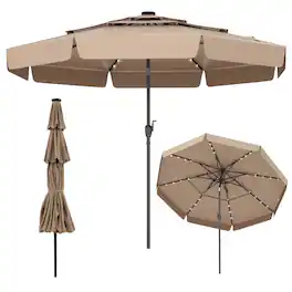Costway - 10 FT Solar Patio Umbrella with 32 LED Lights 3-Tier Vented Top & Ruffles - Brown