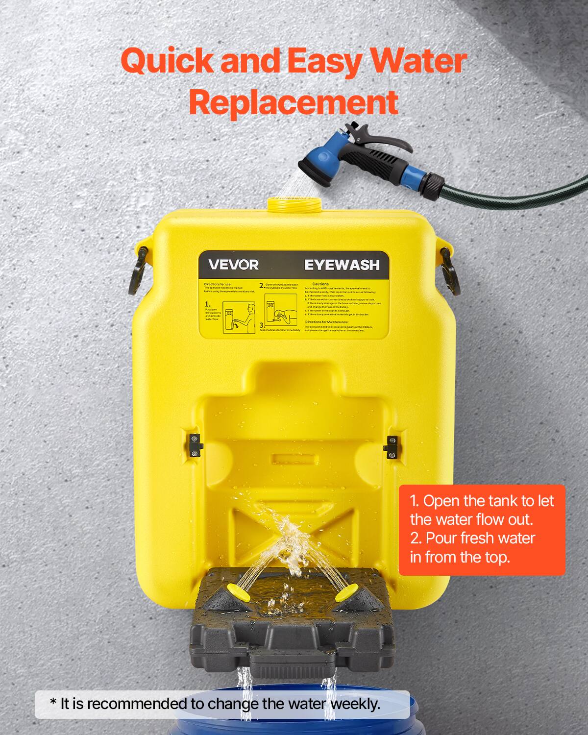 Quick and Easy Water Replacement

VEVOR EYEWASH

1. Open the tank to let the water flow out.
2. Pour fresh water in from the top.

*It is recommended to change the water weekly.