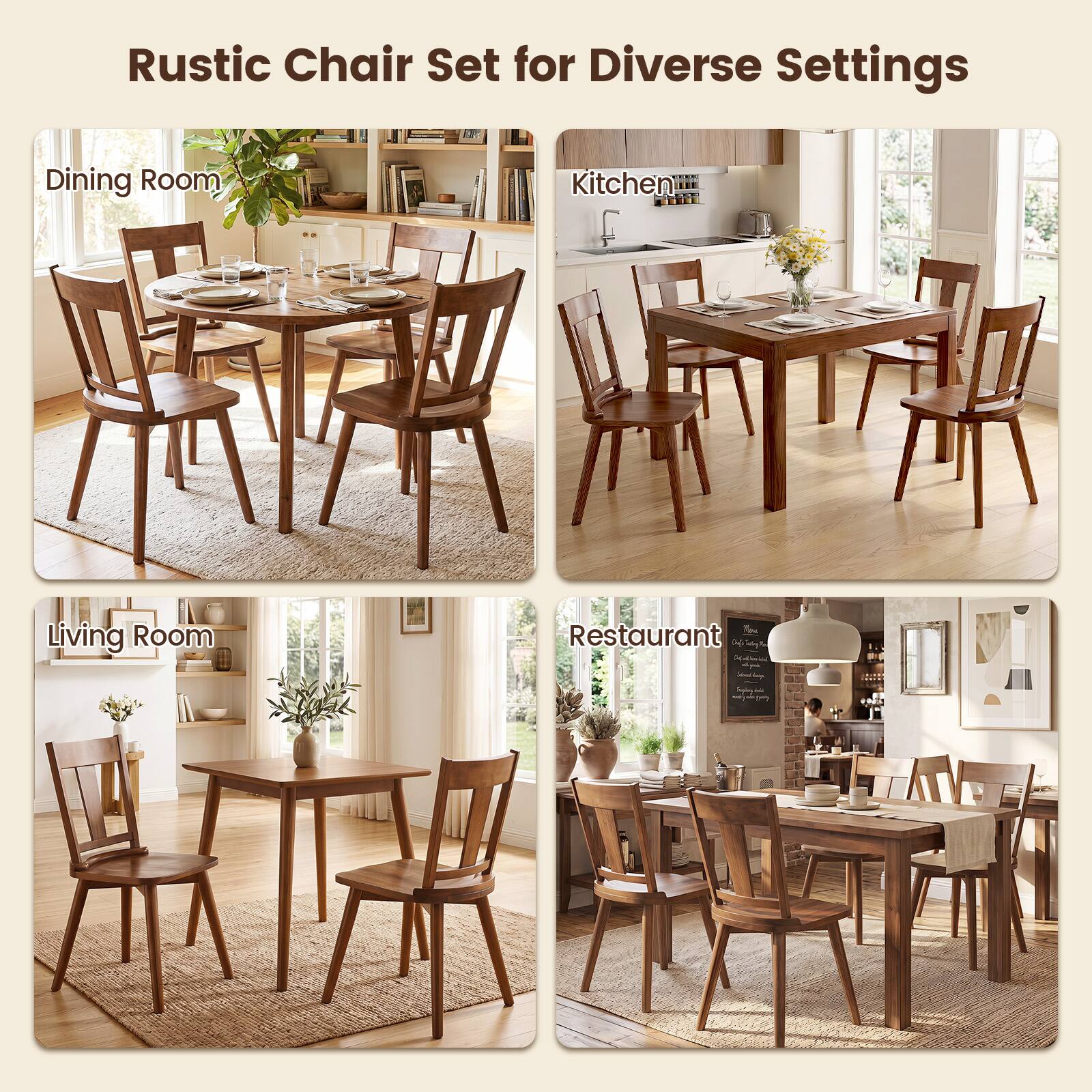 Rustic Chair Set for Diverse Settings

Dining Room

Kitchen

Living Room

Restaurant