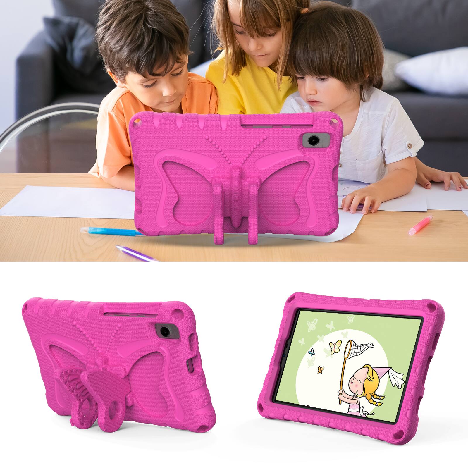 Alt View 2. Dteck - Kids Case for Samsung Galaxy Tab A9 & Tab A11 & Lenovo Tab One 8.7"2025 (TB305FU),Shockproof EVA Stand Cover+Strap - Rose.