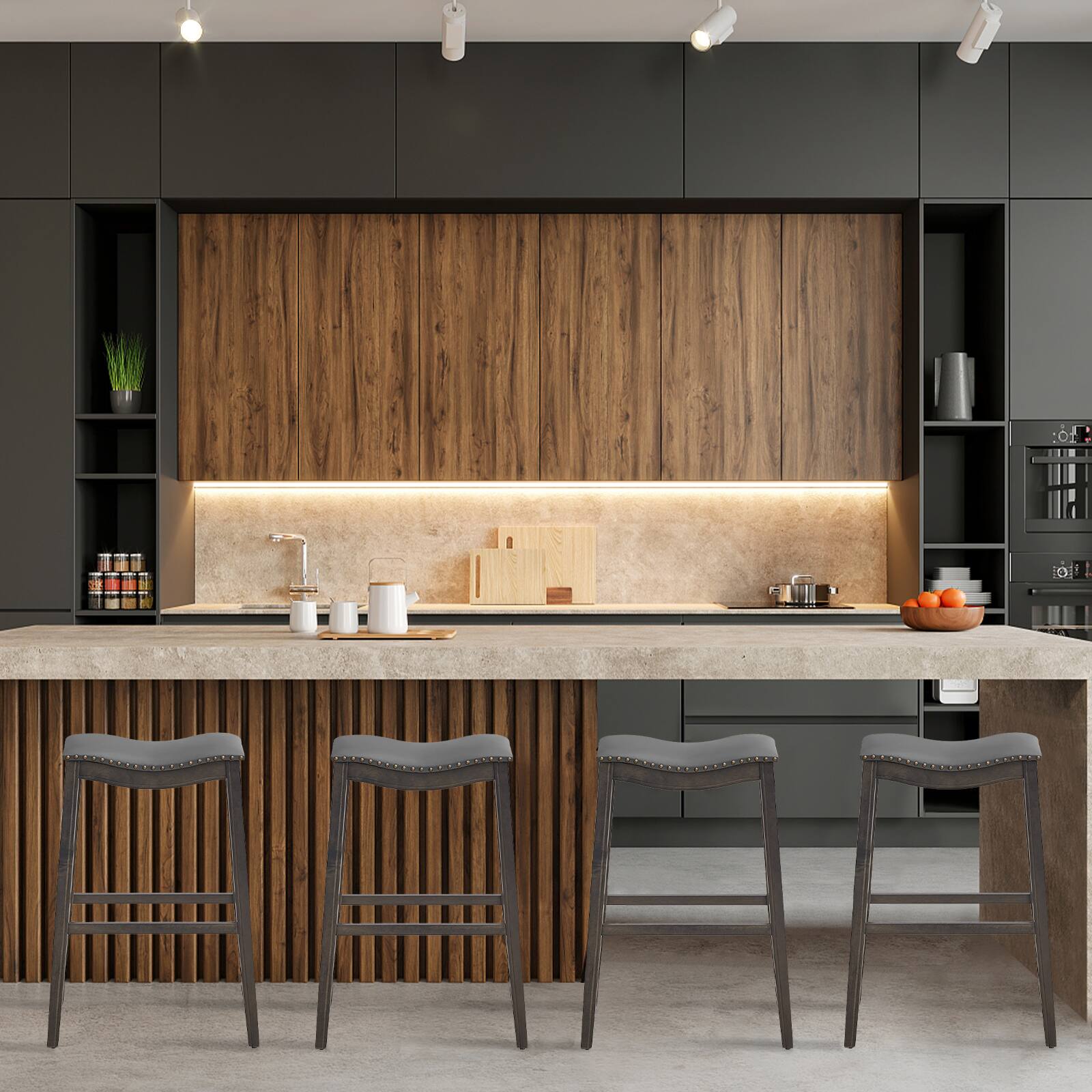 Alt View 1. Ecooso - 29 Inch Set of 2 Backless Wood Nailhead Barstools with PVC Leather Seat - Gray.