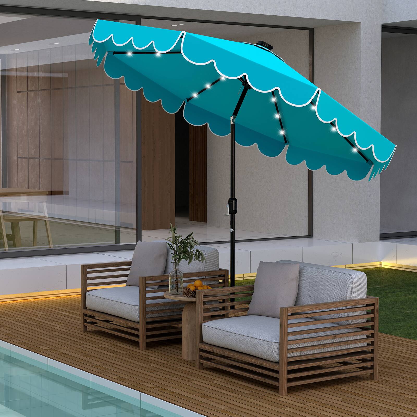 Alt View 1. Gymax - Gymax 9.3 FT Solar Patio Umbrella w/ 32 LED Lights & Vented Top & Ruffles Beige Turquoise - Turquoise.