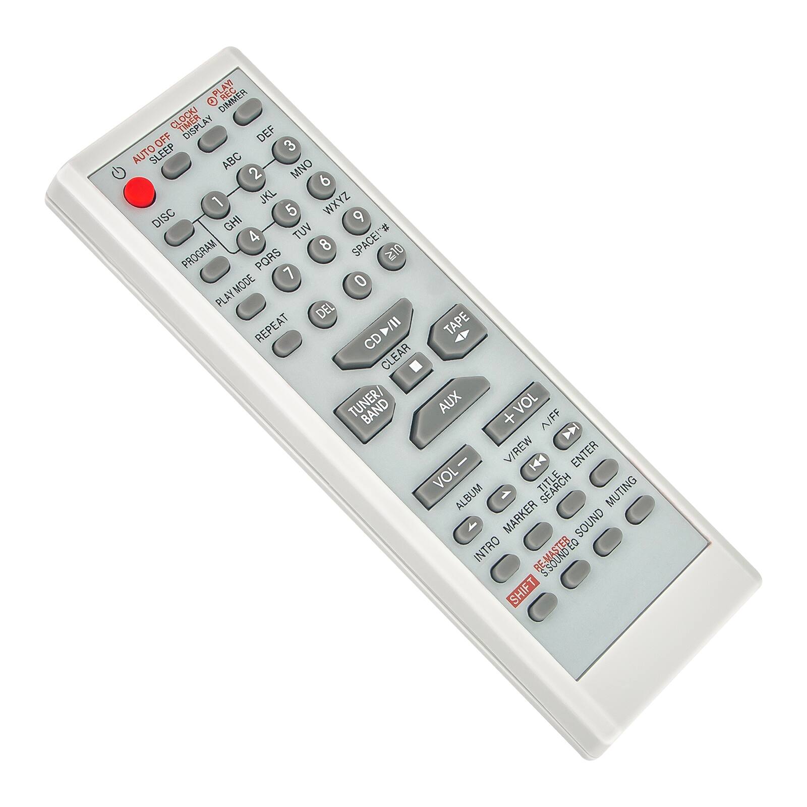 Sure, here is the corrected and grouped text from the image:

**Top Row:**
- AUTO OFF
- SLEEP
- CLOCK DISPLAY
- DIMMER
- DEF

**Number Pad:**
- 1
- 2 ABC
- 3
- 4 GHI
- 5 JKL
- 6 MNO
- 7 PORS
- 8 TUV
- 9 WXYZ
- 0
- SPACE! 210
- #

**Middle Row:**
- DISC
- PROGRAM
- PLAY MODE
- REPEAT
- DEL
- CD/TAPE
- CLEAR
- TAPE
- SPACE! 210
- ENTER

**Bottom Row:**
- VOL -
- ALBUM
- INTRO
- MARKER
- TITLE SEARCH
- ENTER
- V/REW
- +VOL
- AL - V/REW
- AIFF
- TUNER
- BAND
- AUX
- VOL +
- ALBUM
- TITLE SEARCH
- ENTER
- V/REW
- +VOL
- AL - V/REW
- AIFF
- TUNER
- BAND
