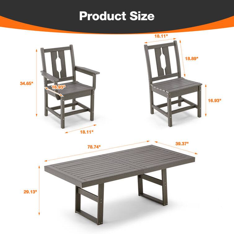 Product Size

- Chair:
  - Height: 34.65"
  - Width: 18.11"
  - Depth: 18.89"
  - Seat Height: 16.93"
  - Armrest Height: 16.93"

- Table:
  - Length: 78.74"
  - Width: 39.37"
  - Height: 29.13"