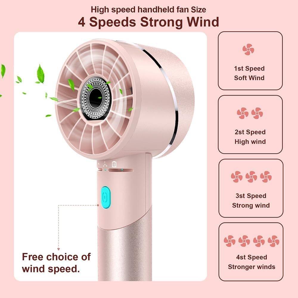 High speed handheld fan  
Size: 4 Speeds  
Strong Wind  
1st Speed: Soft Wind  
2nd Speed: High wind  
3rd Speed: Strong wind  
4th Speed: Stronger winds  
Free choice of wind speed.