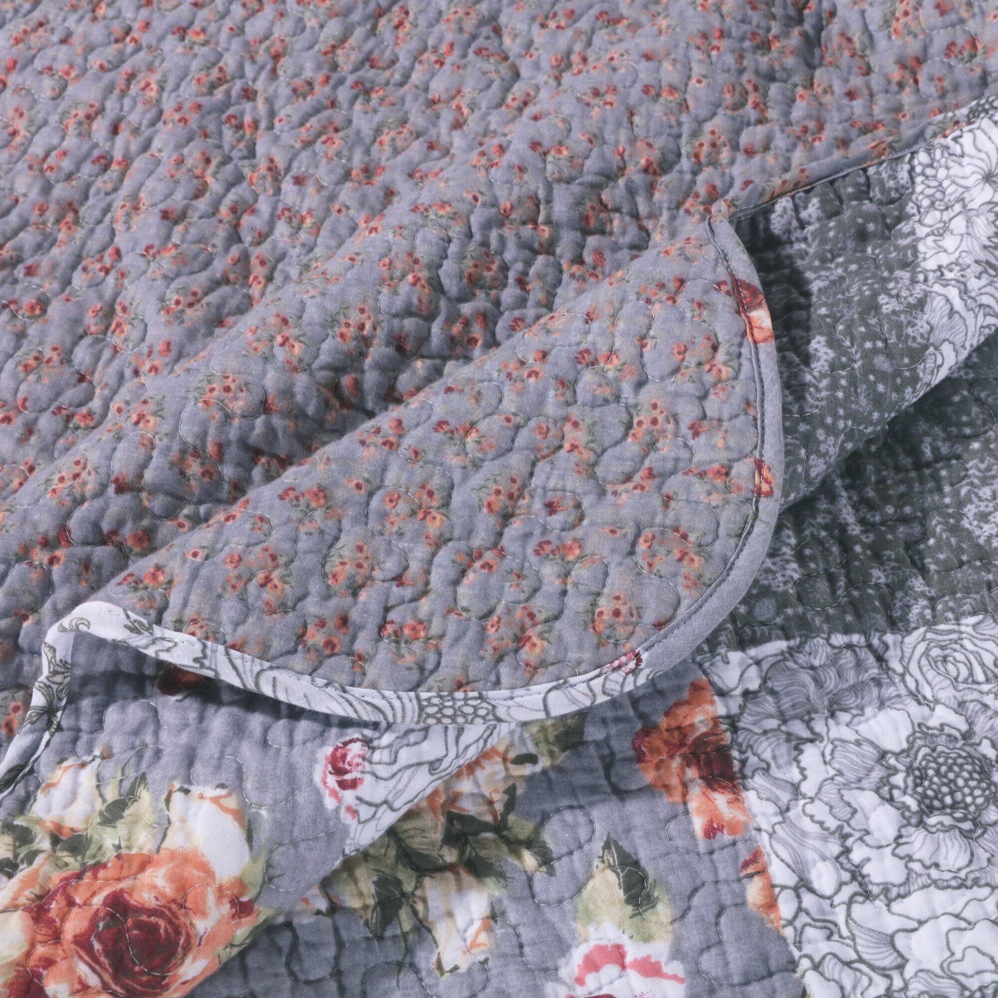 Alt View 2. Barefoot Bungalow - Greenland Home Fashions Barefoot Bungalow Giulia Fabulous Floral Quilted Throw Blanket - 50x60", Gray - Gray.