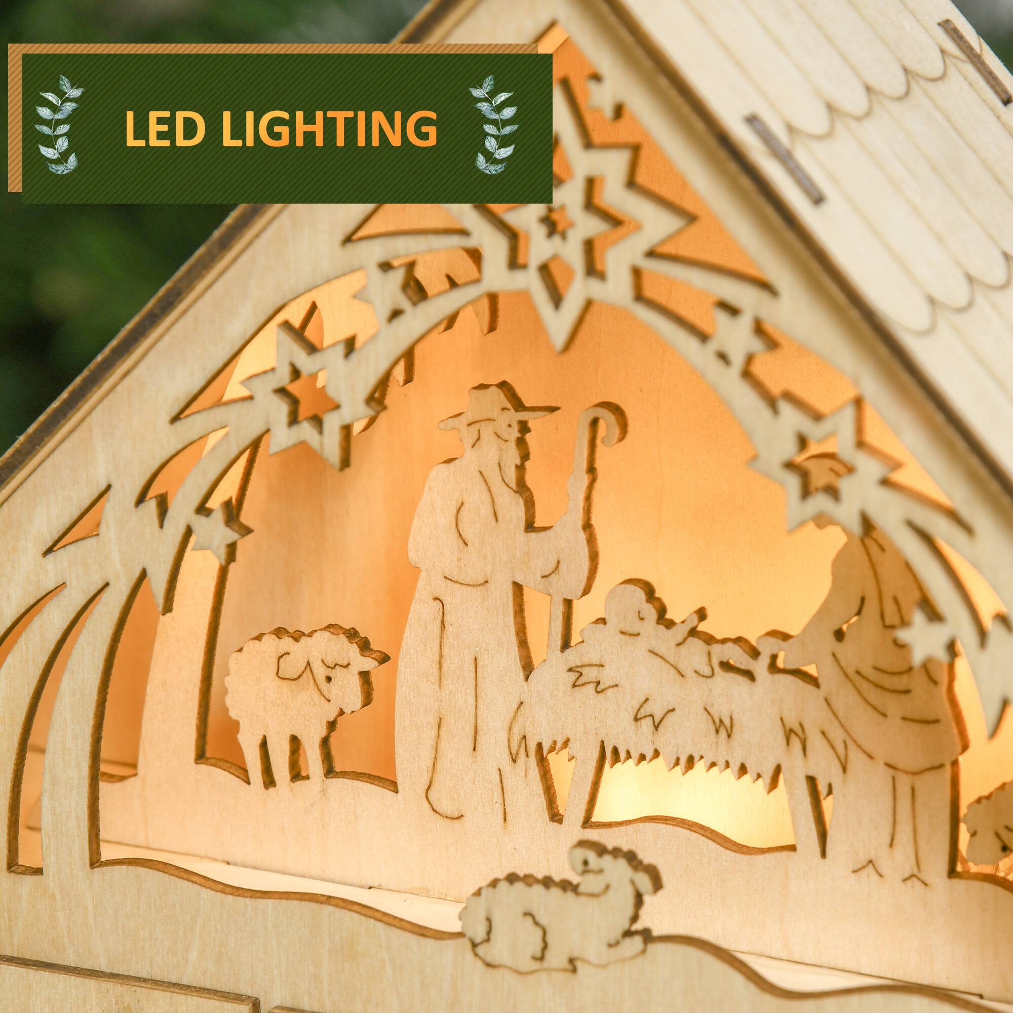 Alt View 2. Homcom - Christmas Advent Calendar, Light Up Manger Scene Tabletop Xmas Wooden House Holiday Decoration with Countdown Drawer - Brown.