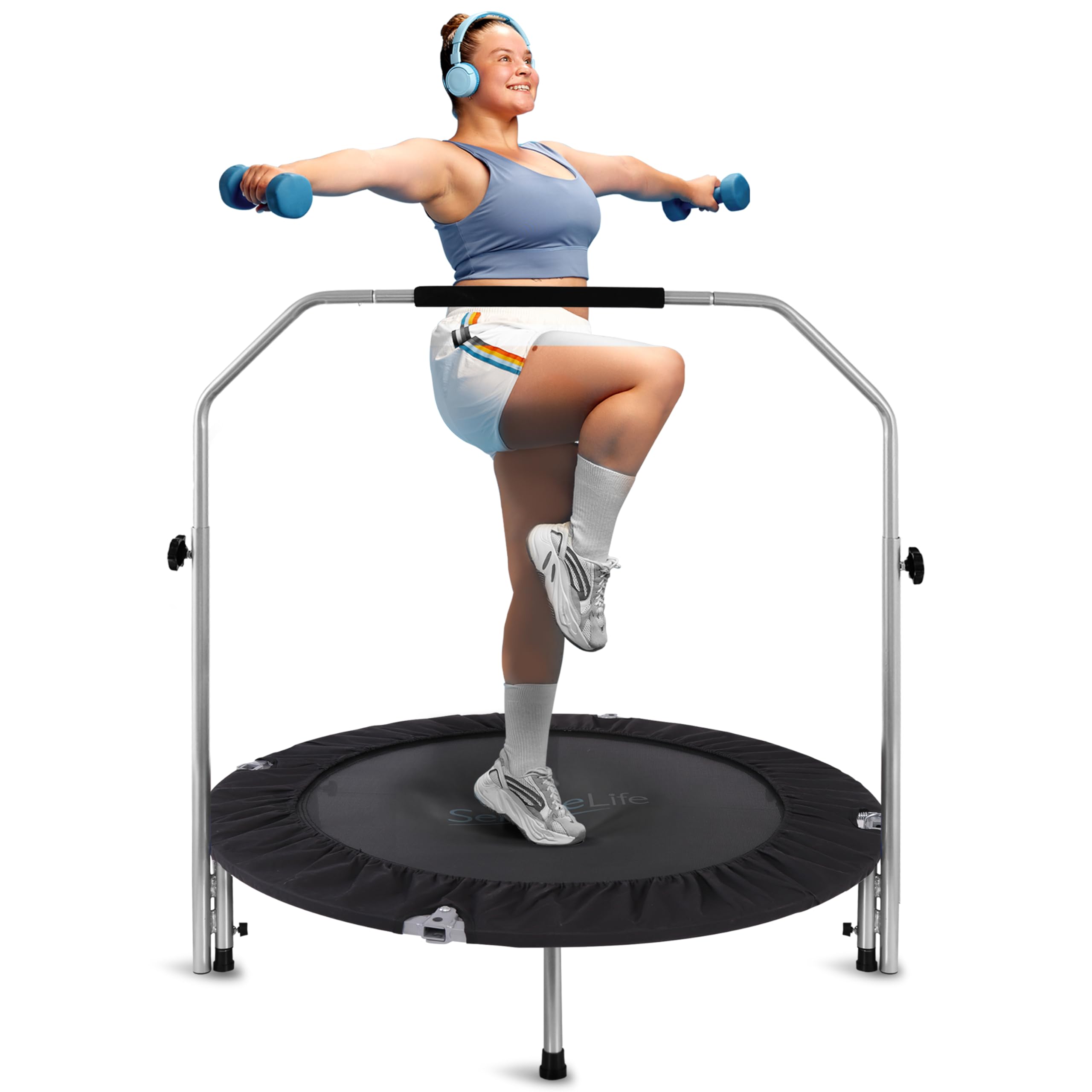 Front. SereneLife - SereneLife SLSPT438 40” Foldable Mini Trampoline, Compact Exercise Rebounder for Kids/Adults, Adjustable Handle.