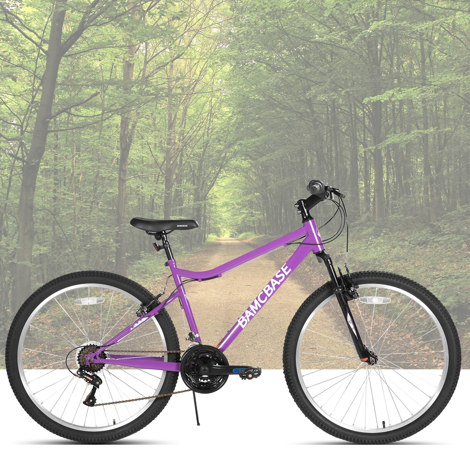 Angle. HILAND - BAMCBASE Lilac 26 inches Mountain Bike for Women, 18-Speed High-Tensile Steel Frame, Suspension Fork, Purple - purple.