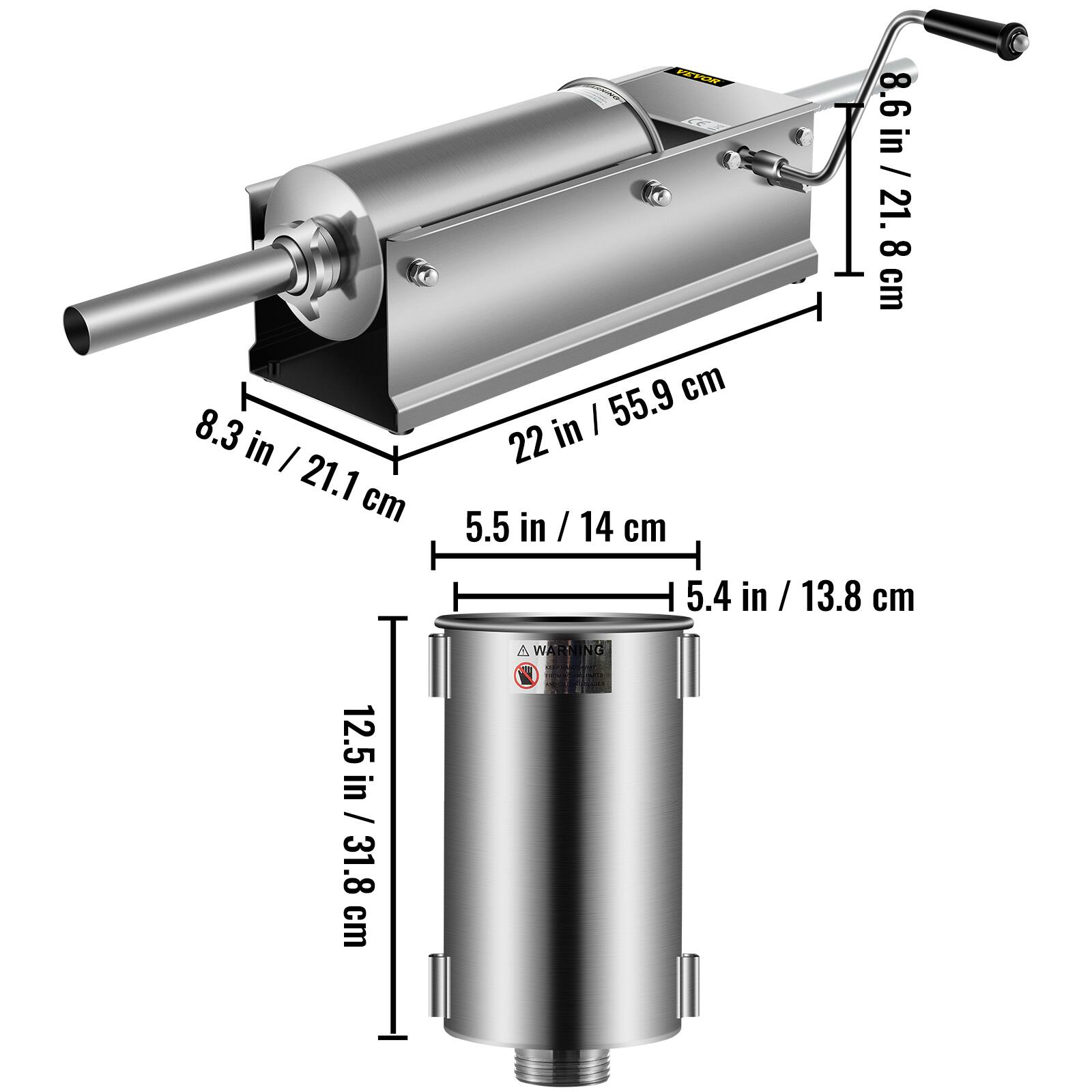 8.6 in / 21.8 cm  
8.3 in / 21.1 cm  
22 in / 55.9 cm  
5.5 in / 14 cm  
5.4 in / 13.8 cm  
12.5 in / 31.8 cm  

WARNING