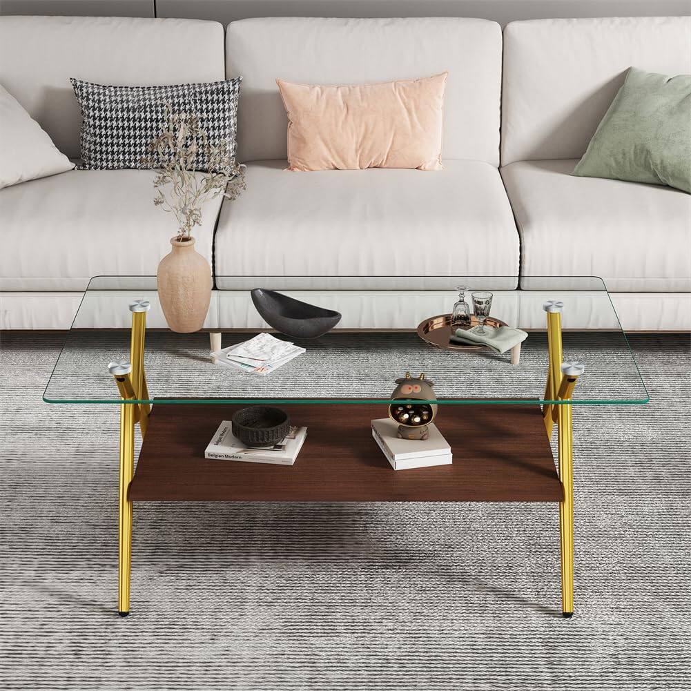 Alt View 5. Ecooso - Rectangle Coffee Table with Tempered Glass top and Golden Metal Legs, Modern Table for Living Room , Transparent Glass - Transparent.