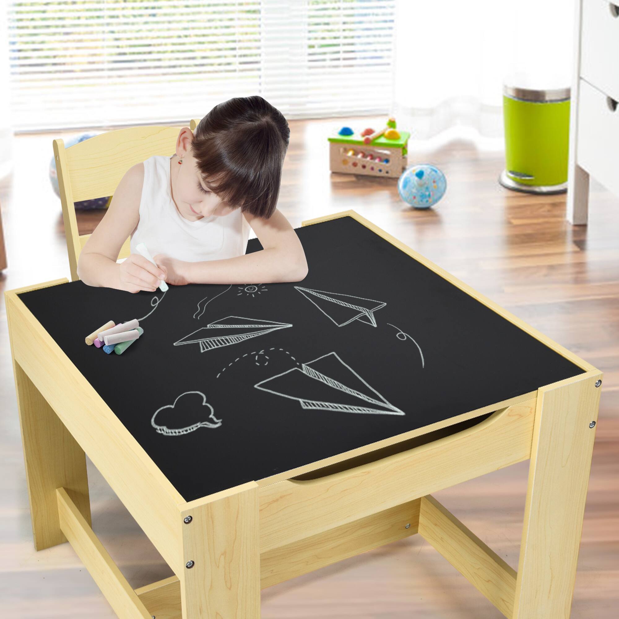 Costway Kids Table Chairs Set With Storage Boxes Blackboard