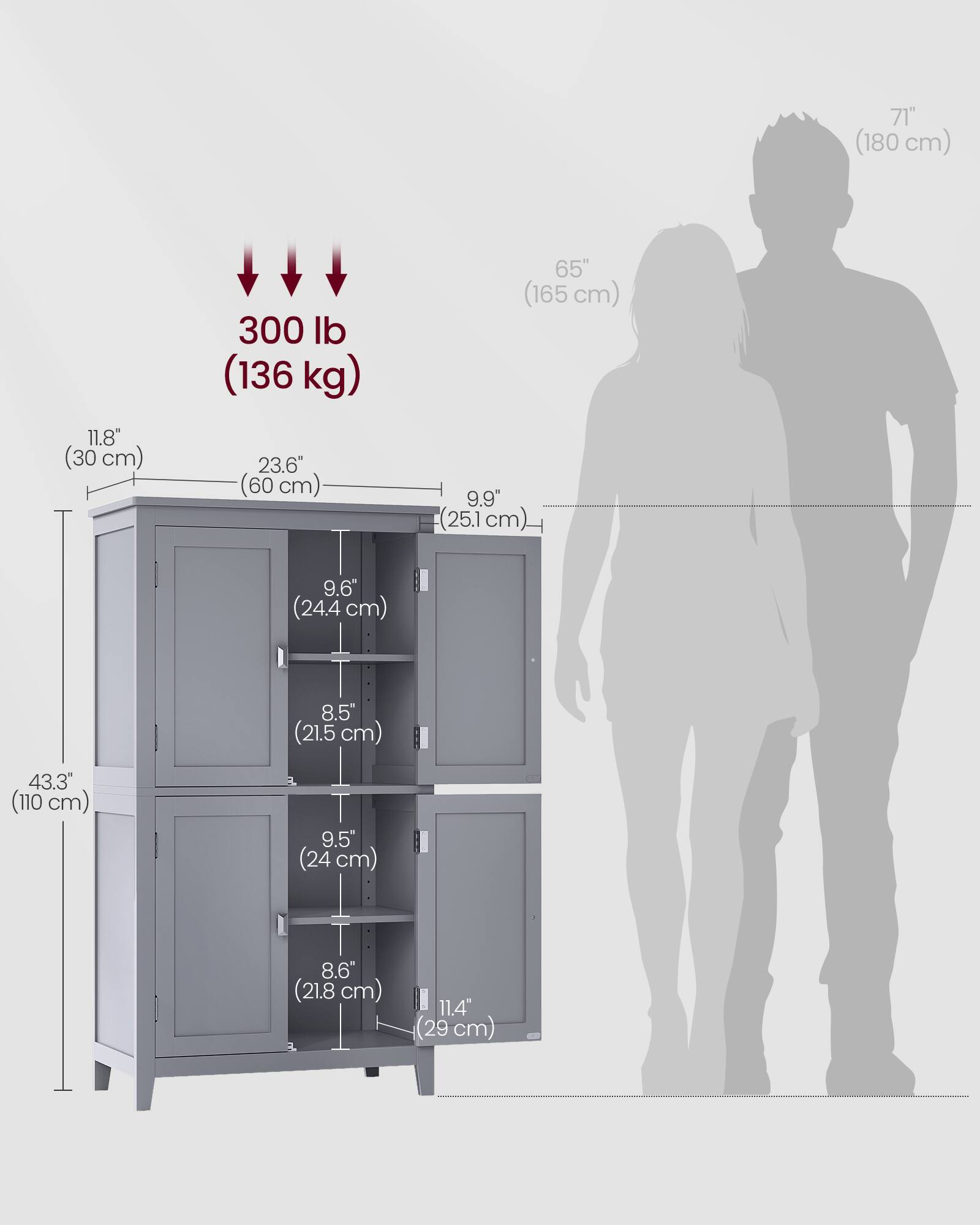 71" (180 cm)  
11.8" (30 cm)  
300 lb (136 kg)  
23.6" (60 cm)  
65" (165 cm)  
9.9" (25.1 cm)  
9.6" (24.4 cm)  
8.5" (21.5 cm)  
43.3" (110 cm)  
9.5" (24 cm)  
8.6" (21.8 cm)  
11.4" (29 cm)