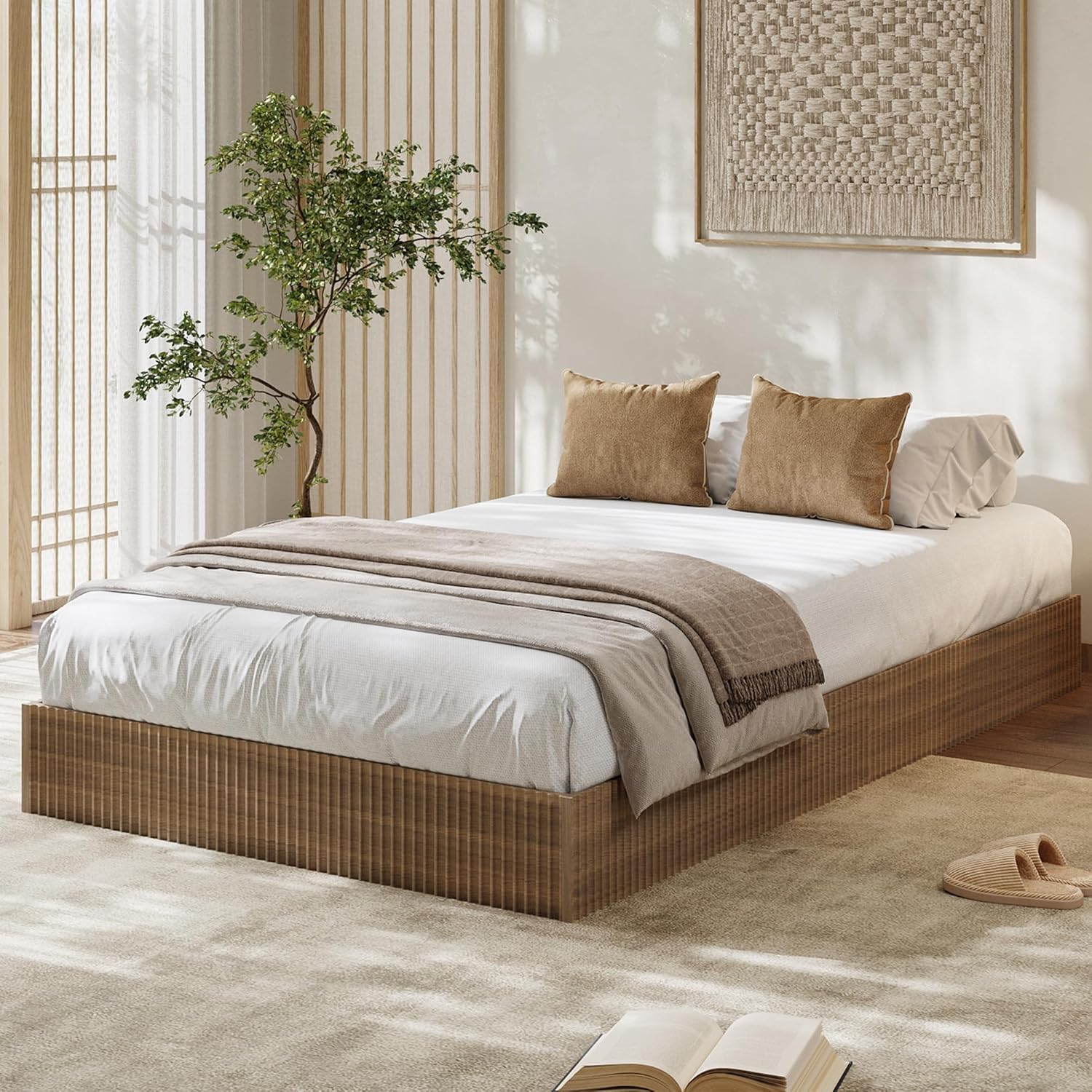 Front. Homhougo - Twin XL Bed Frame, Wood Platform Bed with Fluted Design, Low Profile BedFrame, Minimalist Bed Base with Noise-Free, - Walnut.