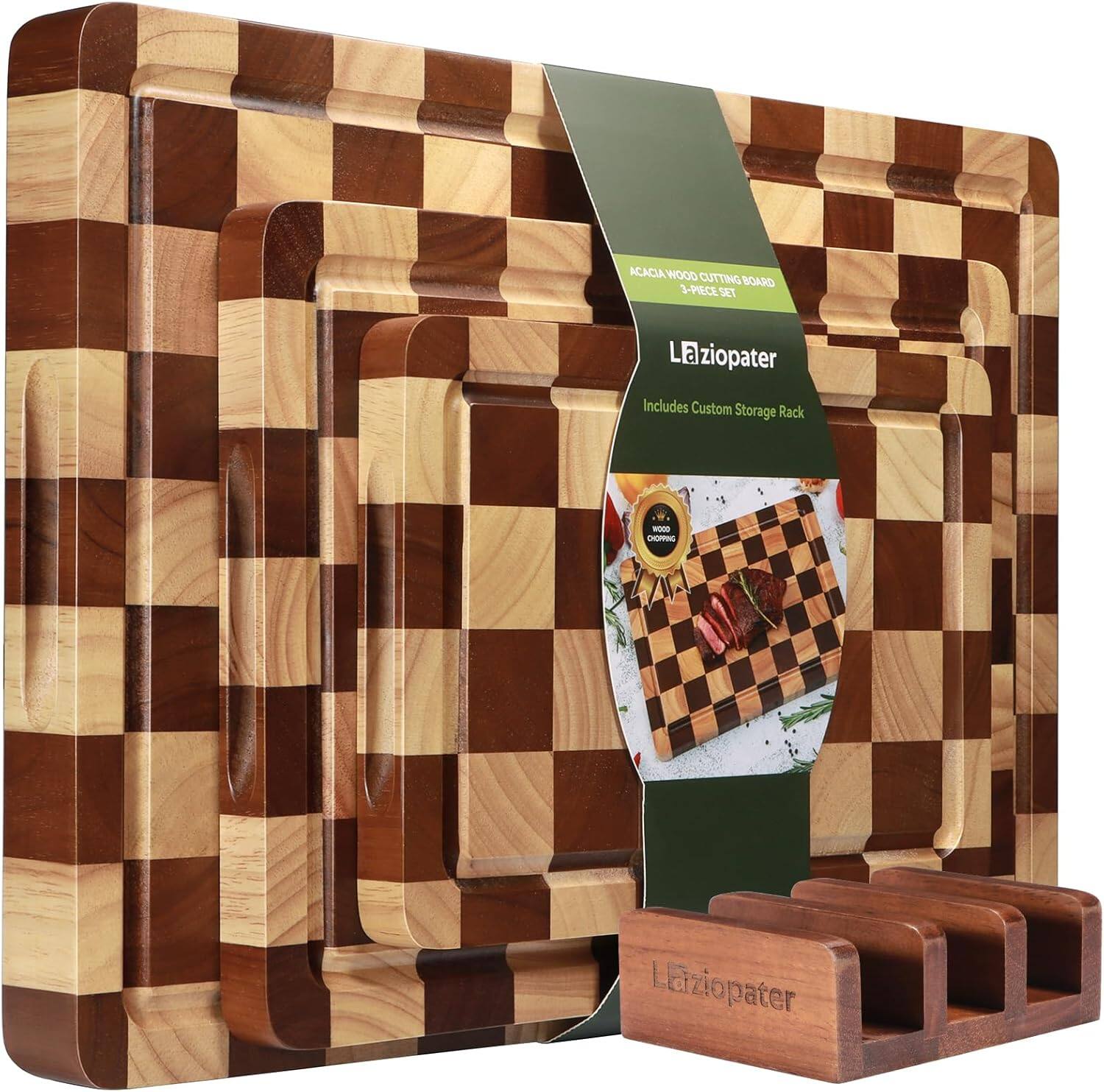 PARKER SLATER - Checkerboard Acacia Cutting Board Set – 3-Pack, Juice Grooves, Built-In Handles