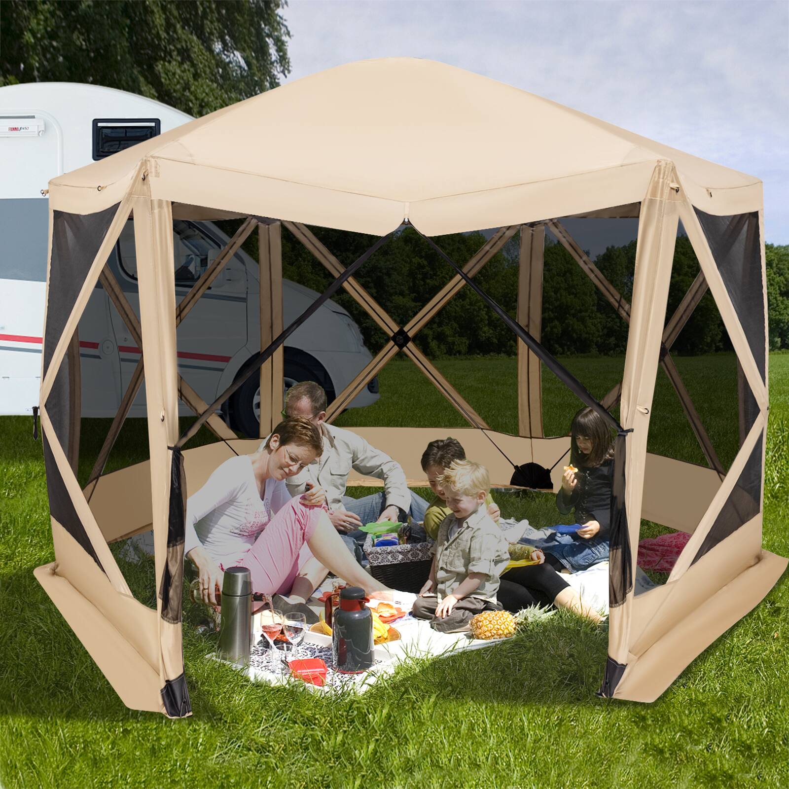 Angle. Costway - 11.5 X 11.5 FT 6-Sided Pop-up Screen House Tent With 2 Wind Panels for Camping - Coffee.