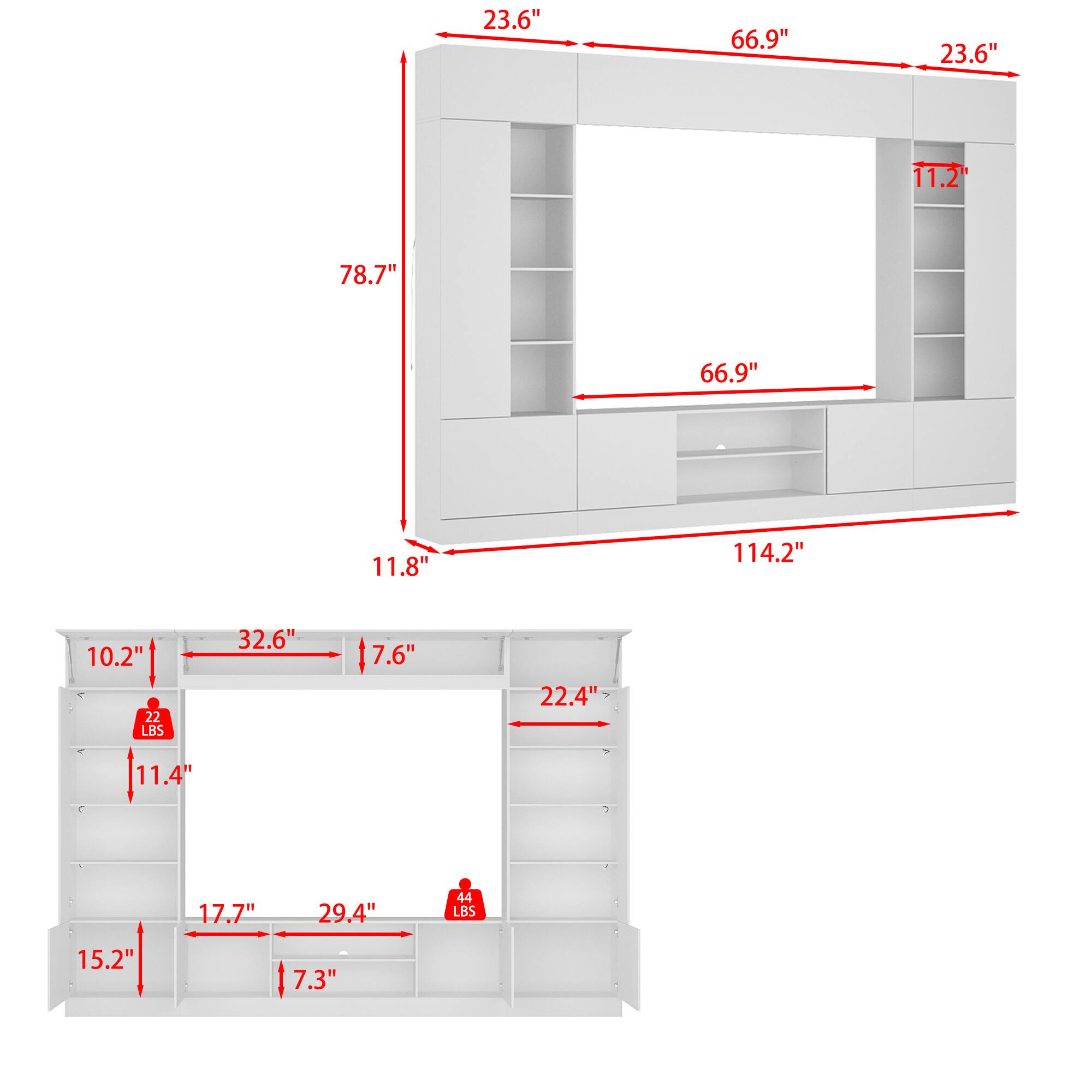 - 23.6"
- 66.9"
- 23.6"
- 11.2"
- 78.7"
- 66.9"
- 11.8"
- 114.2"
- 10.2"
- 32.6"
- 7.6"
- 22.4"
- 11.4"
- 17.7"
- 29.4"
- 15.2"
- 7.3"
- 22 LBS
- 44 LBS