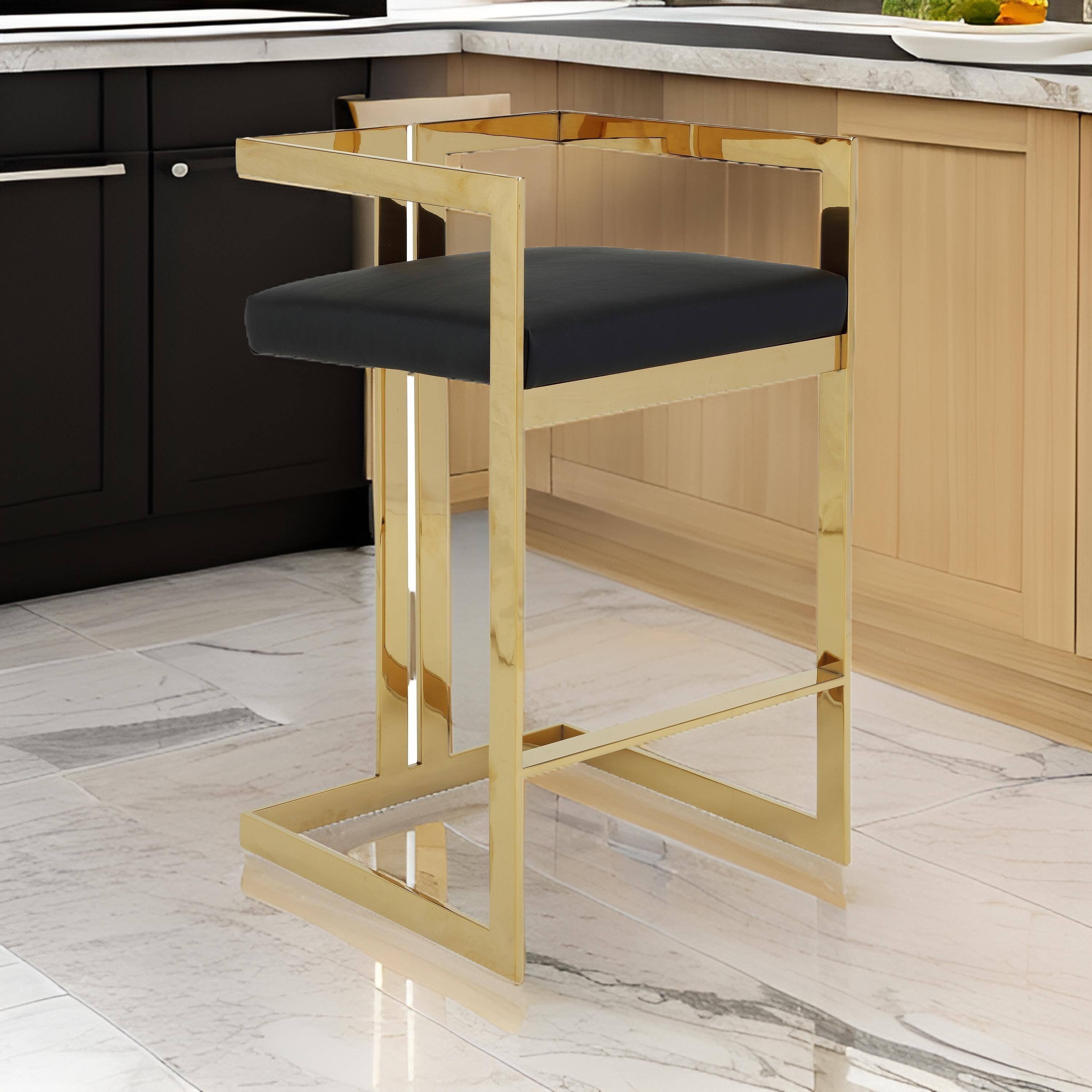 Alt View 2. Manhattan Lane - Suki 30 Inch Barstool Chair, Black Faux Leather Seat, Gold Cantilever Base - Black, Gold.