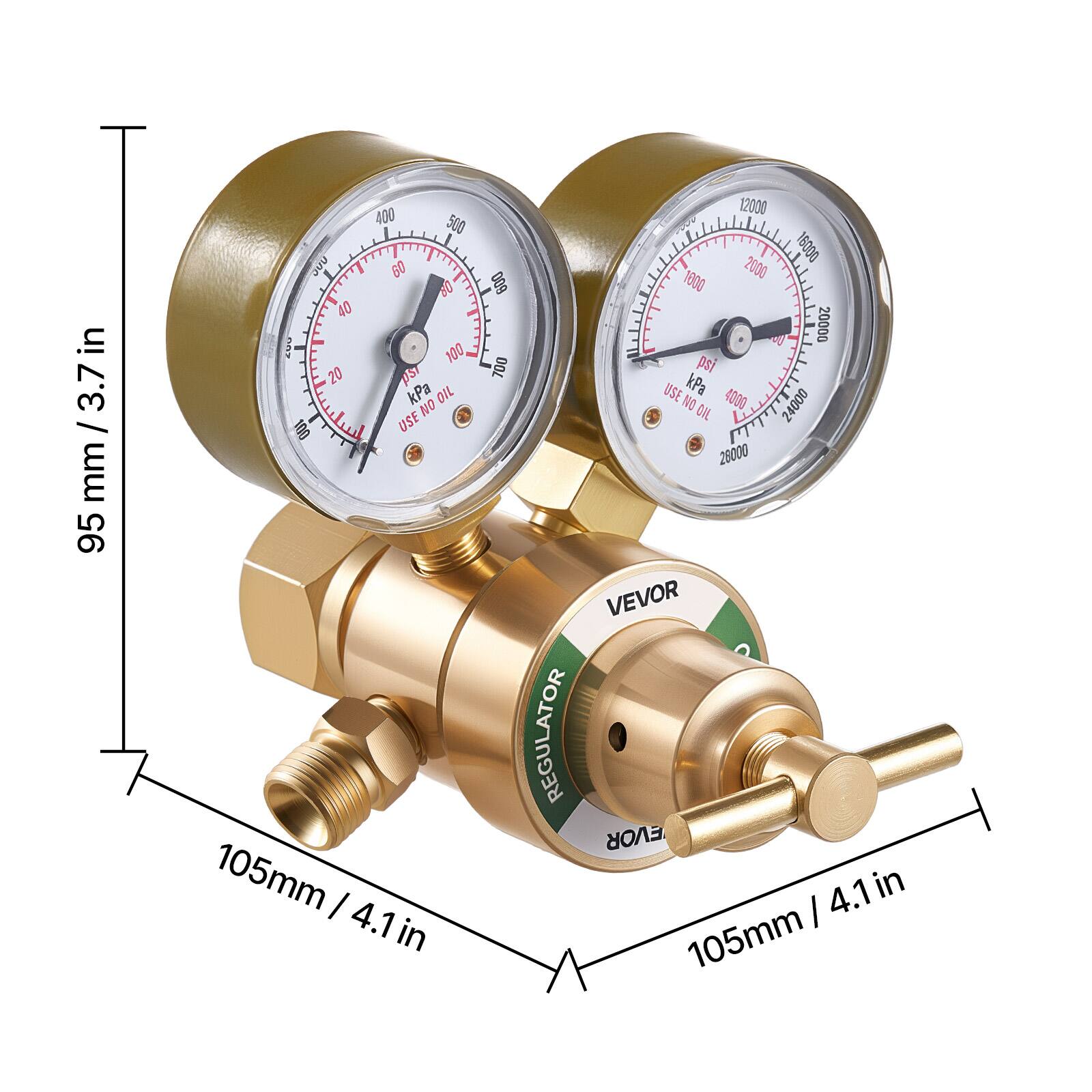 in 3.7 / mm / 95 400 500 60 8 40 Ey 100 20 pS7 kPa OIL NO 100 USE 105mm I 4.1in in 600 700 REGULATOR 12000 16000 2000 1000 20000 pst USE kPa NO 4000 24000 OIL 28000 VEVOR EVOR 4.1 in I 105mm