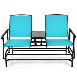 Mondawe - 2-Person Rocking Loveseat w/ Center Tempered Glass Table, Double Outdoor Glider Bench with Mesh Fabric - Light Blue