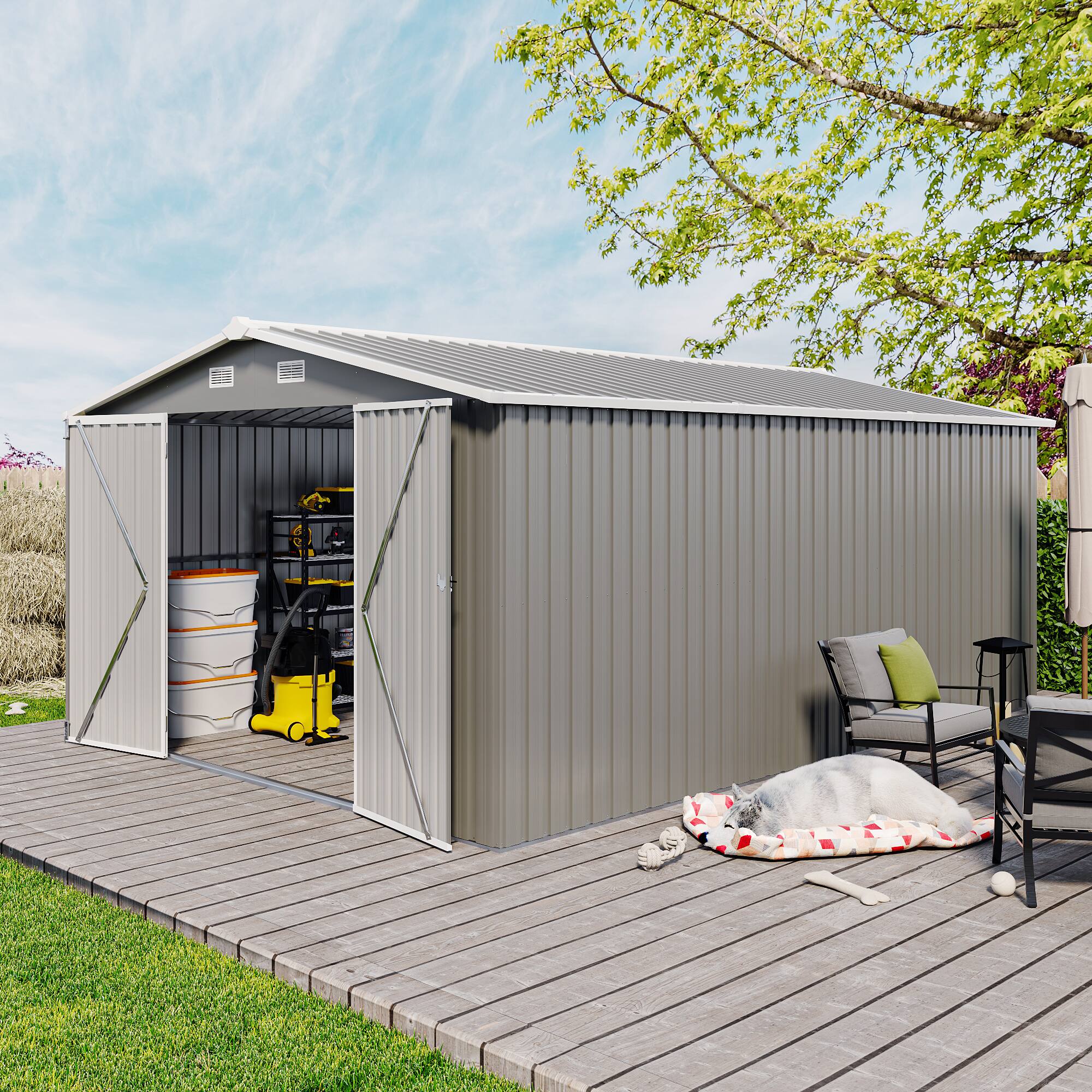 Angle. Anysun - Metal Storage Shed with 3 Lockable Doors & 4 Air Vents, Heavy-Duty Outdoor Garden Tool Shed for Backyard - Light Gray.
