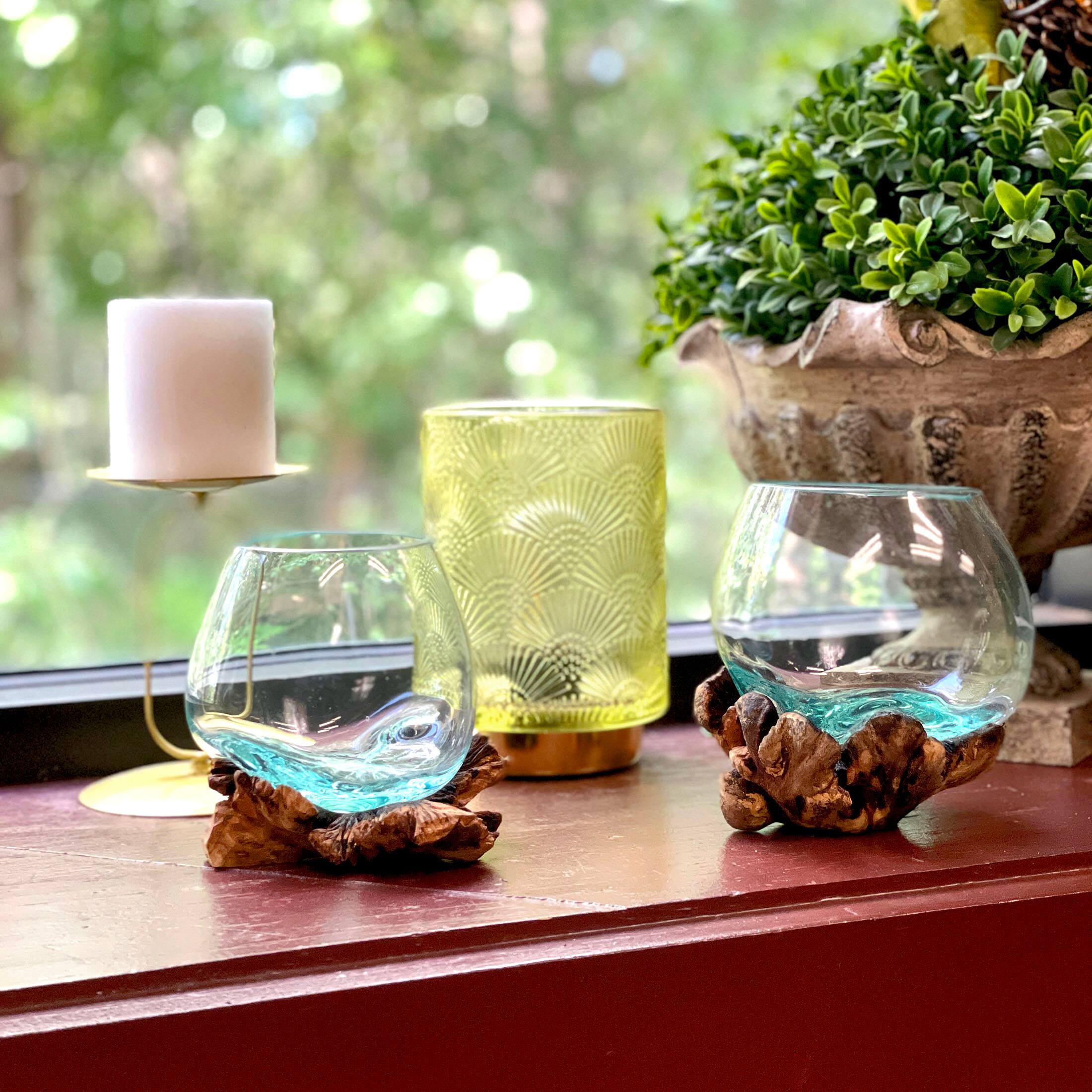 Alt View 7. Zeckos - Set of 2 Blown Molten Glass On Burl Wood Decorative Bowls Vases Terrariums - Brown.