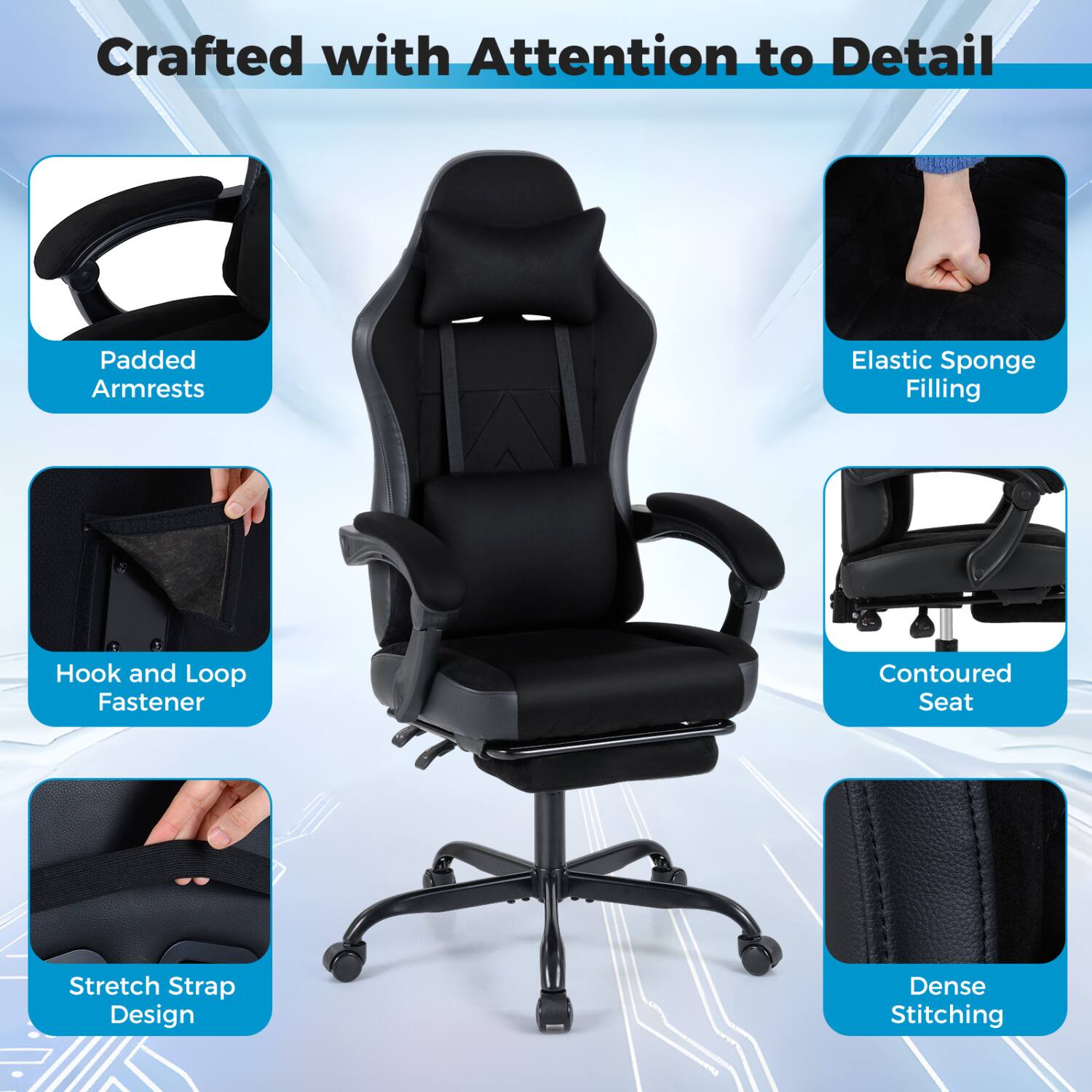Crafted with Attention to Detail

- Padded Armrests
- Elastic Sponge Filling
- Hook and Loop Fastener
- Contoured Seat
- Stretch Strap Design
- Dense Stitching
