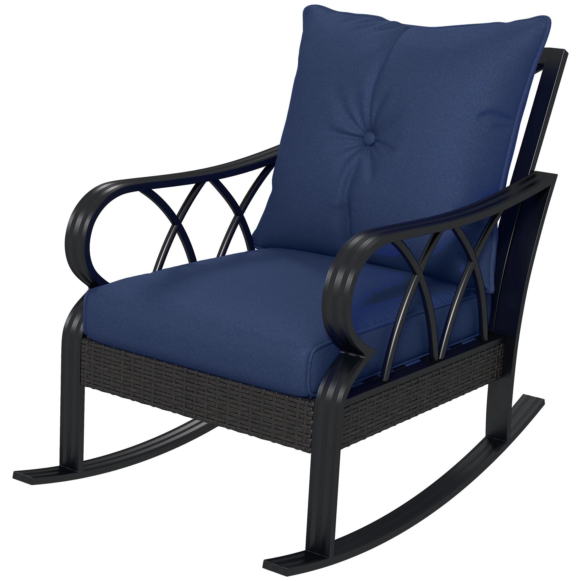 Resenkos - Wicker Rocking Chair with Padded Cushions, Aluminum Rattan Porch Chair, Armrest - Navy Blue