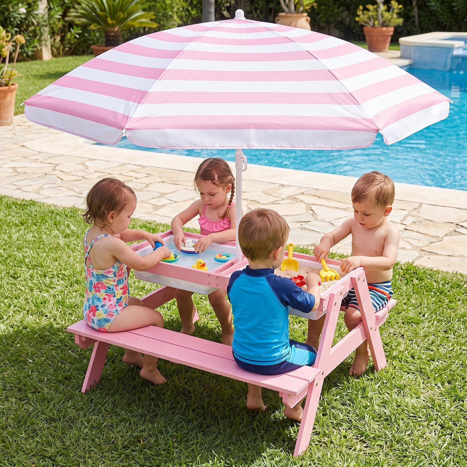 Alt View 1. Costway - Costway 3-in-1 Kids Picnic Table Wooden Outdoor Sand & Water Table with Umbrella Play Boxes - Pink+White.