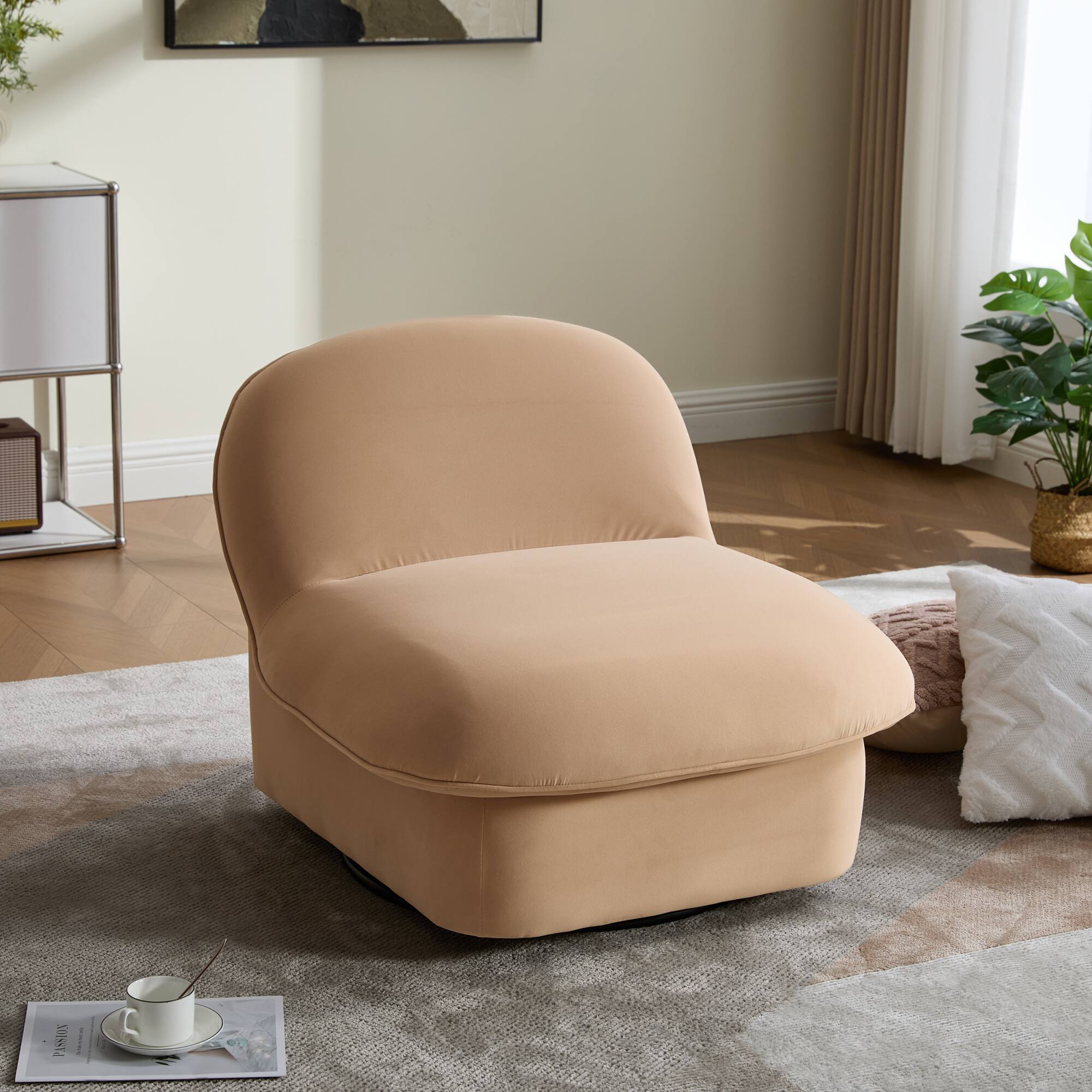 Alt View 5. GOODSILO - Pumpkin-Shaped Velvet Swivel Accent Chair with 360-Degree Rotation for Living Room, Bedroom, or Office - Khaki.