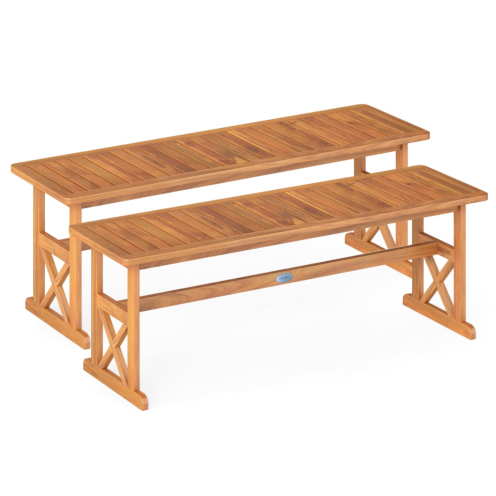 Gymax - 2 PCS 51 Inches Acacia Wood Outdoor Bench w/ Slatted Seat & X-Shaped Frame - Yellow