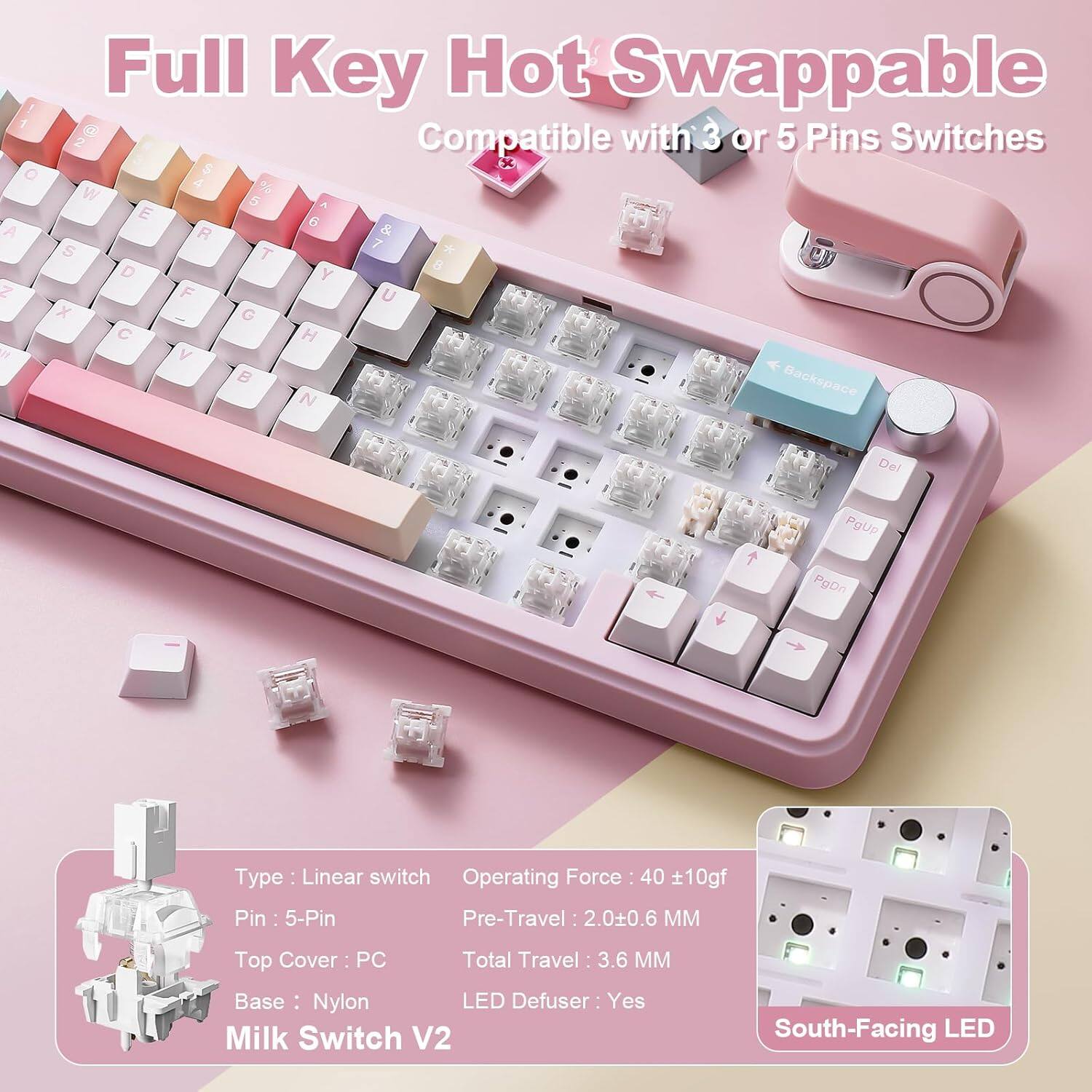 Here is the corrected and grouped text:

**Full Key Hot Swappable**
Compatible with 3 or 5 Pins Switches

**Key Layout:**
1 Q W E R T Y U I O P
A S D F G H J K L
Z X C V B N M

**Features:**
- Type: Linear switch
- Pin: 5-Pin
- Top Cover: PC
- Base: Nylon
- LED Defuser: Yes
- Milk Switch V2
- South-Facing LED

**Specifications:**
- Operating Force: 40 ±10gf
- Pre-Travel: 2.0±0.6 MM
- Total Travel: 3.6 MM
- User: Yes