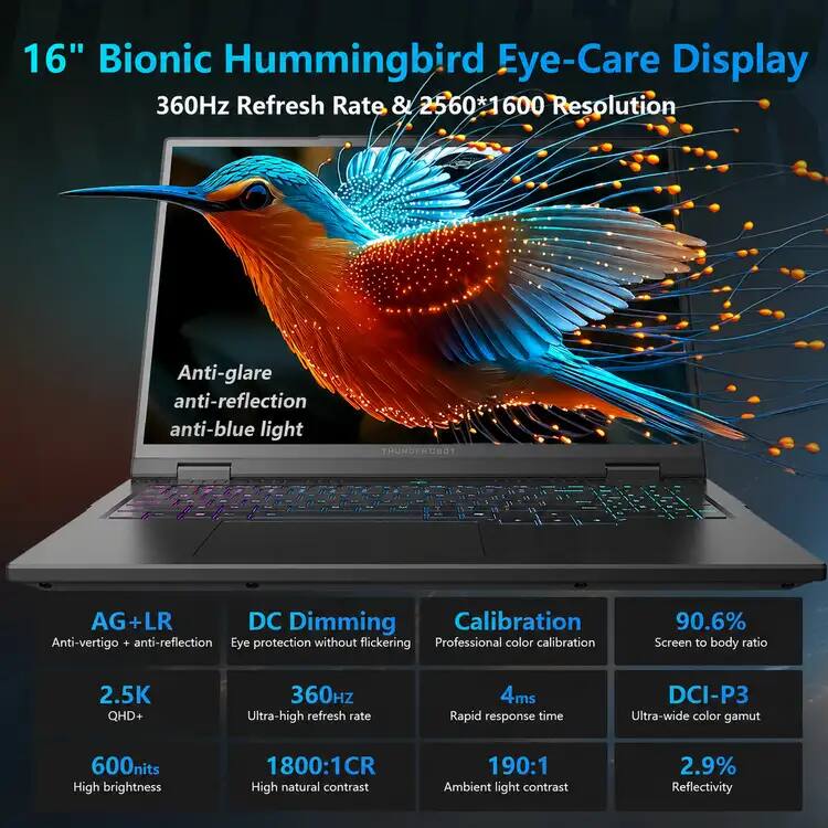 16" Bionic Hummingbird Eye-Care Display  
360Hz Refresh Rate & 2560*1600 Resolution  
Anti-glare, anti-reflection, anti-blue light  
THUNDEROBOT  

AG+LR: Anti-vertigo + anti-reflection  
DC Dimming: Eye protection without flickering  
Calibration: Professional color calibration  
90.6% Screen to body ratio  

2.5K QHD+  
360Hz Ultra-high refresh rate  
4ms Rapid response time  
DCI-P3 Ultra-wide color gamut  
600nits High brightness  
1800:1CR High natural contrast  
190:1 Ambient light contrast  
2.9% Reflectivity
