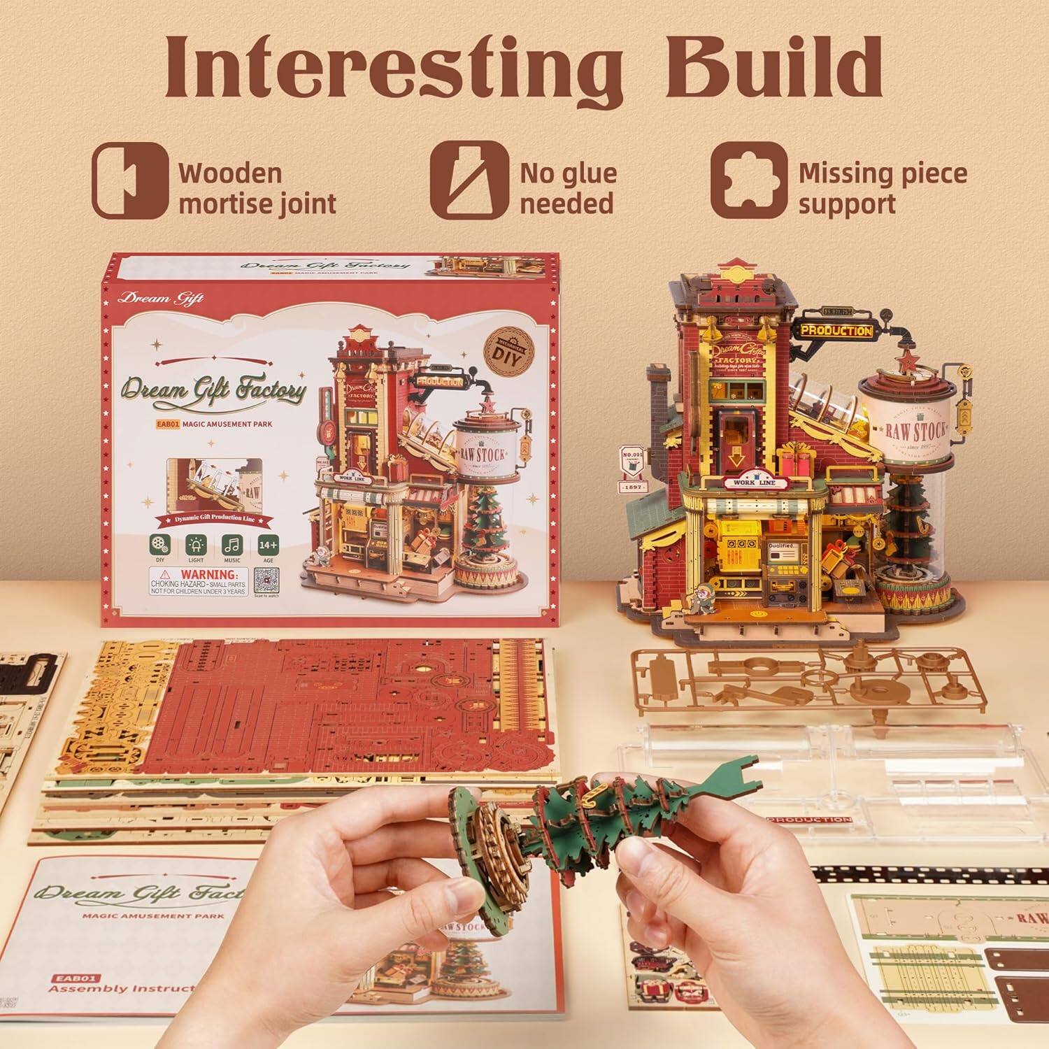 Interesting Build  
Wooden mortise joint  
No glue needed  
Missing piece support  

Dream Gift Factory  
FAB01 Magic Amusement Park  

WARNING: CHOKING HAZARD - Small parts. Not for children under 3 years.  

Assembly Instructions