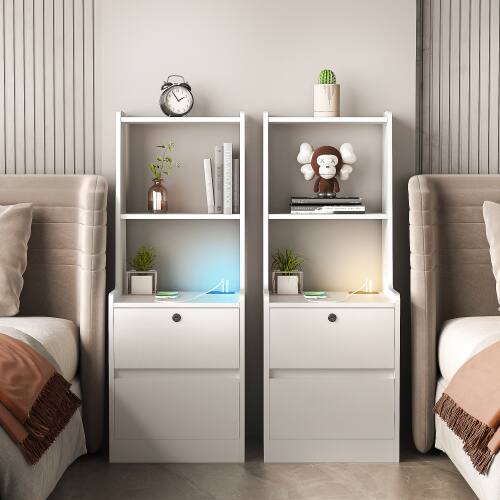 Front. LUCKY ONE - Set of 2 Assembled Nightstands with Charging Station Voice Light USB Lock - White.