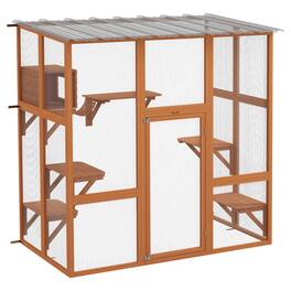 Pawhut - Outdoor Enclosure, Large House, Wooden Window, Scratching Posts, Weather Roof, 1-2 Kitties, 68"x35.5"x70.5"