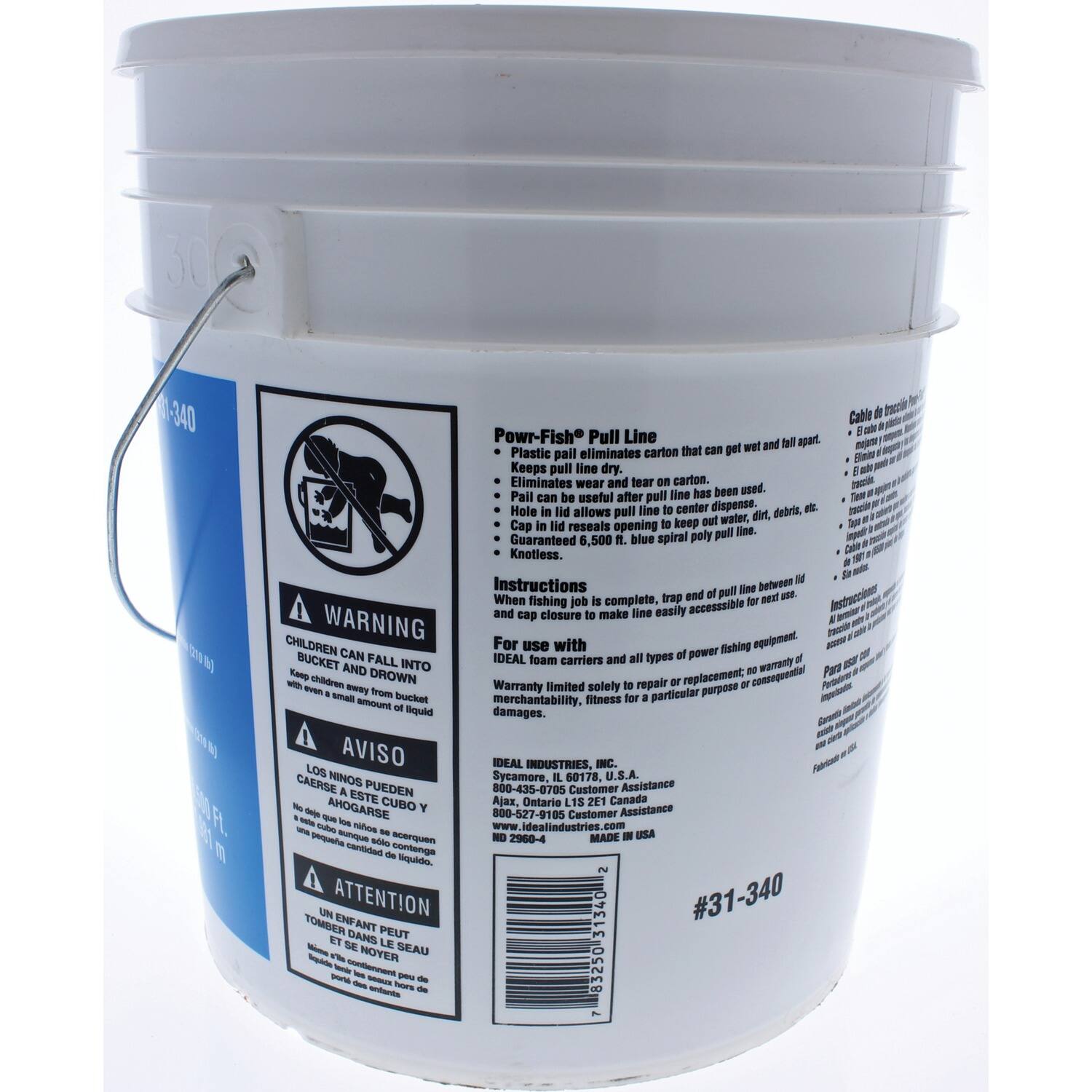 340 ON ) FL. 0 Cabie troezie Powr-Fish Pull Line tell apat. mo - that can get wet and - Plastic pail eliminates carton Slem Keeps pull line dry. ale Eliminates wear and tear carton. - line has been used. Pail can useful after pull Tae Hole bil allows pull line center dispense debrix. Jaca out water, dirt Cap lid reseals opening keep D poly pull line. inpad Guaranteed 6,500 blue spiral Knotless. Cal - Instructions pall line belween When complete, trap end meet E consinsertenl fishing job accesssible and cap closure make lise easily WARNING eqeipment - CHILDREN For use with fiahing - BUCKET CAN FALL INTO DROWN AND INTO warranty Parr aS n dildran DROWN replacement consequental Att Laa Warranty limited solely repair purpose - froe Suchet particular -rnd merchantability, fitness Sqpuid damages.  - AVISO IDEAL INDUSTRIES, INC. A LOS Sycamore, 60178, U.S.A. CAERSE NINOS Assistance ESTE PUEDEN 00-435-070