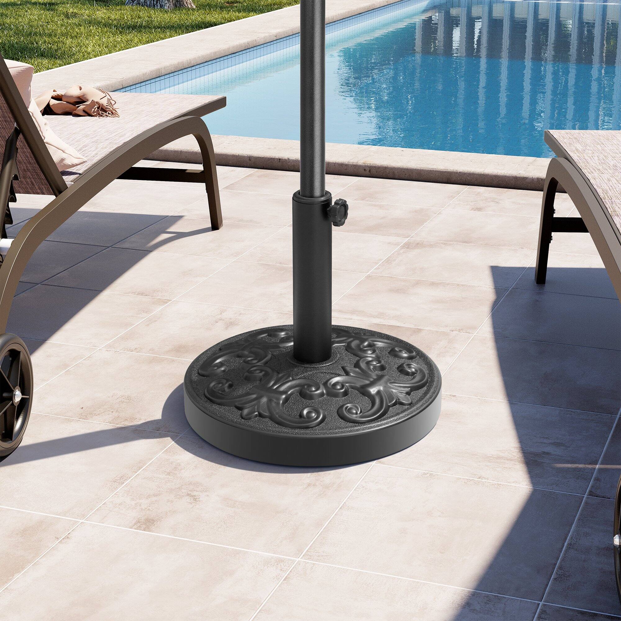 Angle. Crestlive Products - Crestlive Products Heavy Duty Round Cement Patio Umbrella Base with Floral Pattern - Black.